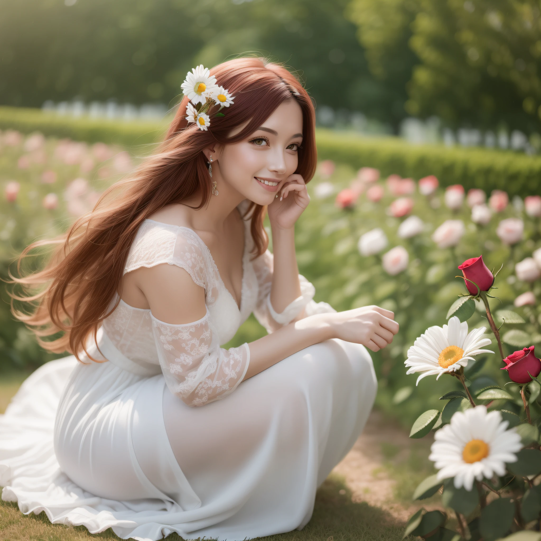 masterpiece. Pretty woman with long hair. Red hair. happy face. ((smelling a daisy)). kneeling in a ((Rose Garden:1.3)). blurred background. Dressed in a white dress of vaporous chiffon. Photorealistic, Hyperdetailed, High Quality'8K