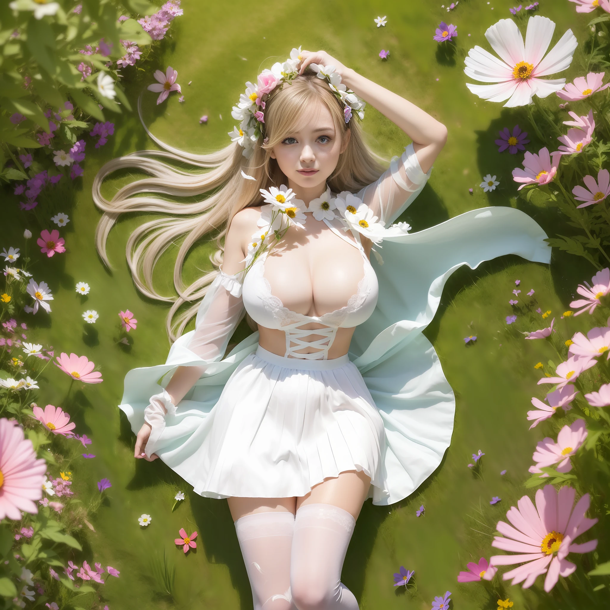 (((White French Maid: 1.11))), (((Skin is more exposed)), ta, Young wife, Japan, 16 yrl, Smile, Long hair, White hair, White stockings, Full ribbon, Whitish costume, Full body, (((Angle to see breasts from above)), Pleated skirt that is too short, (Big: 1.41), Breasts pulled up, Chest lifting, (Slender body), Young wife, fairy, feather, flower garden, grassland, cosmos all over the place, flowers dancing