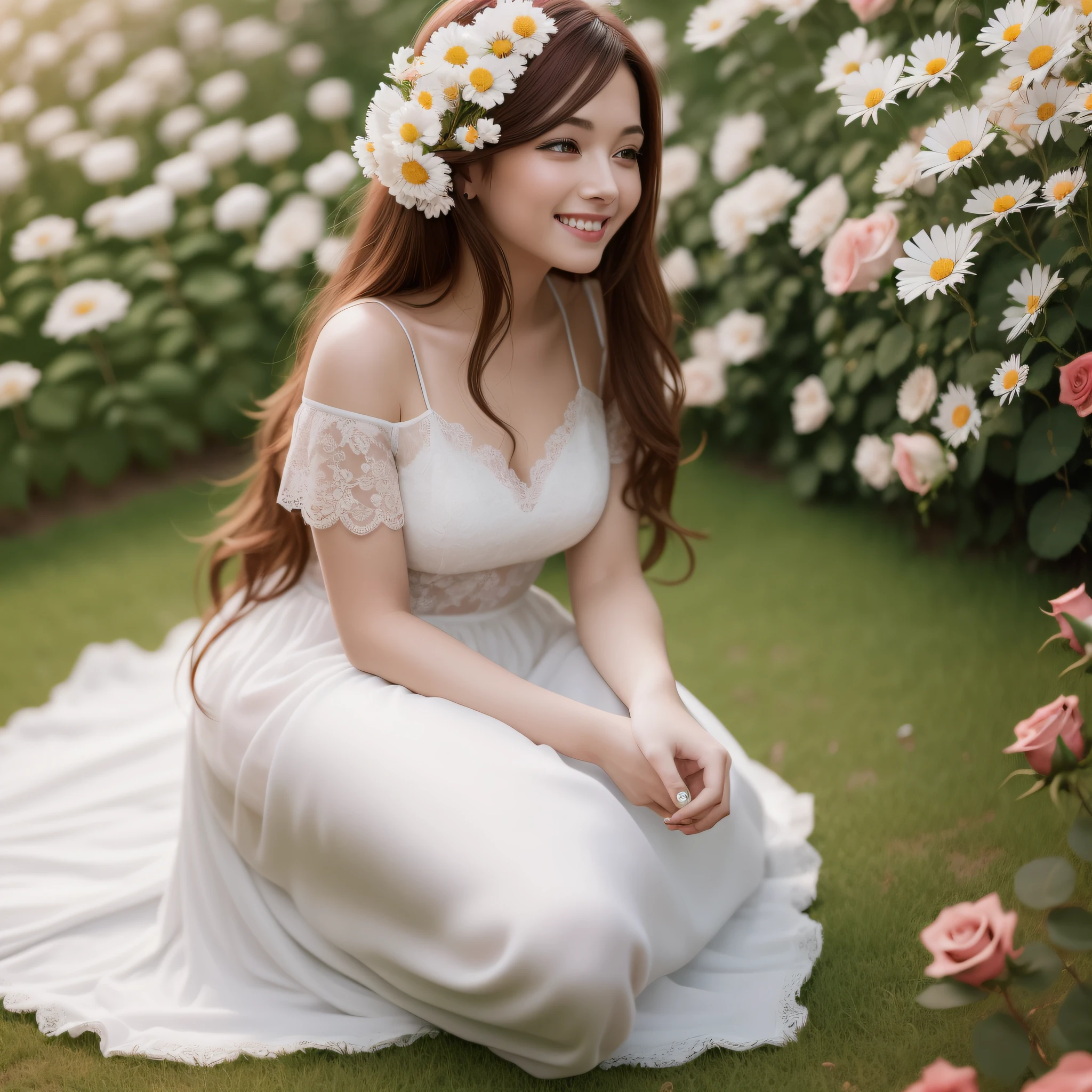 masterpiece. Pretty woman with long hair. Red hair. happy face. ((smelling a daisy)). kneeling in a ((Rose Garden:1.3)). blurred background. Dressed in a white dress of vaporous chiffon. Photorealistic, Hyperdetailed, High Quality'8K