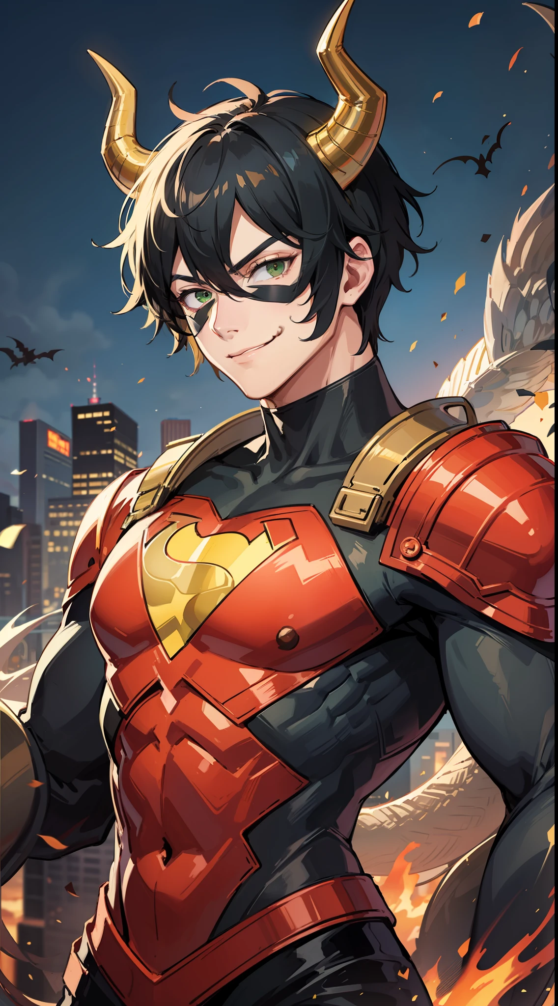 Young guy, short black hair, green eyes, red superhero costume, superhero mask, dragon horns, dragon tail, smirk, muscles, masterpiece, high quality