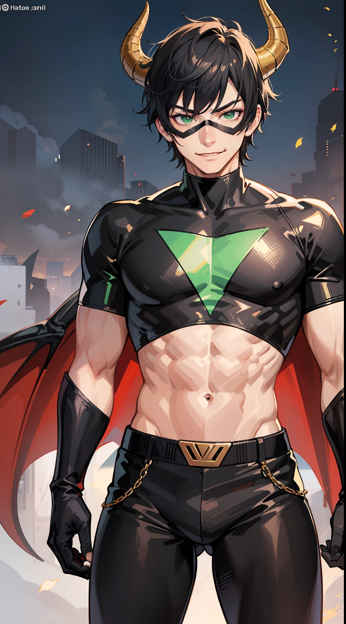Young guy, short black hair, green eyes, red superhero costume, superhero mask, dragon horns, dragon tail, smirk, muscles, masterpiece, high quality