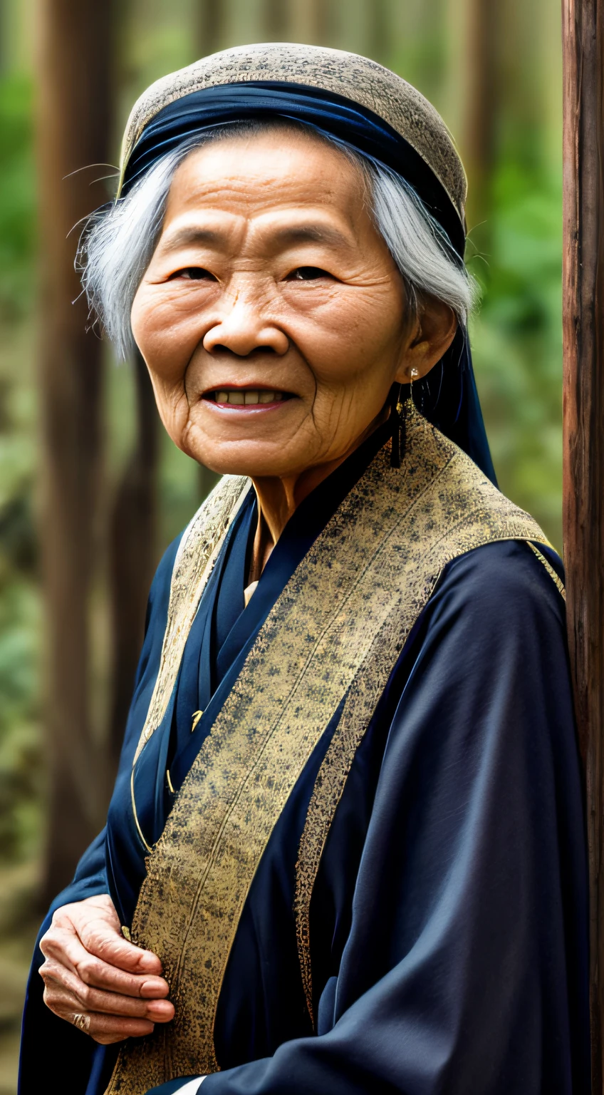 Portrait photography style, world masterpiece, super unique high professional digital art, film format, hyper-realism, color cinematography with ultra-fine details and quality, background is deep in the forest, an old woman in rural China, a wise woman. She has a kind face and her eyes are kind and shrewd. Her skin has been blackened and powerful by the sun and rain, and the wrinkles are fixed on the corners of her mouth and forehead, making her look more precipitated by his years. Although wearing a dark gown, although simple in appearance, it exudes sublime wisdom and a sense of tenacity of strength.