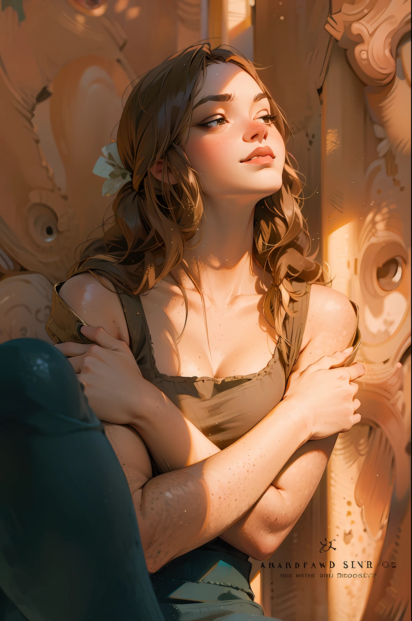 a hyper-realistic portrait of a young woman, under a tree, inside a forest, in the middle of nature, 22 years old, realistic, (lying on her side), sexy, (huge breasts 2:1), short brown hair, (hair tied with bows), curved, SFW