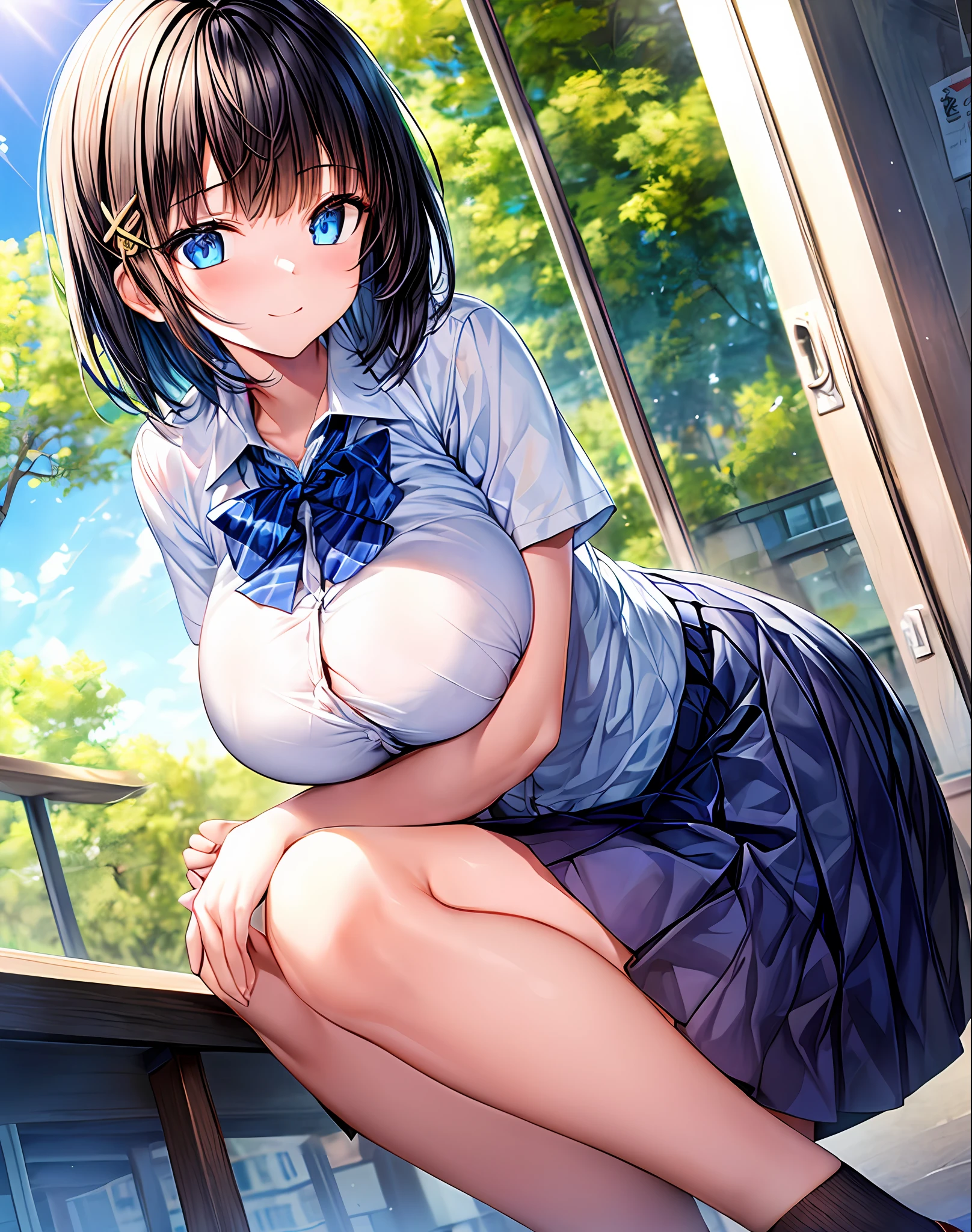(masterpiece, top quality), 1 girl, short hair, blunt bangs, black hair, happiness, large_breasts, blue eyes, hair ornament, school_uniform, short_sleeves, white_skirt, bare_legs, blue_sky, school, front view, insight, breast squeeze