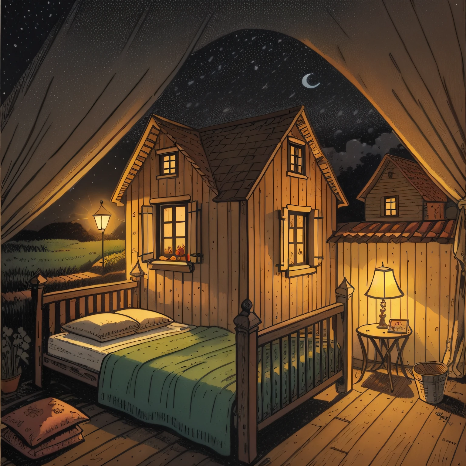 children's picture book illustration, two beds, farmhouse attic, 18th century France, night, impressive composition, dim, wide angle lens, cute, color illustration,