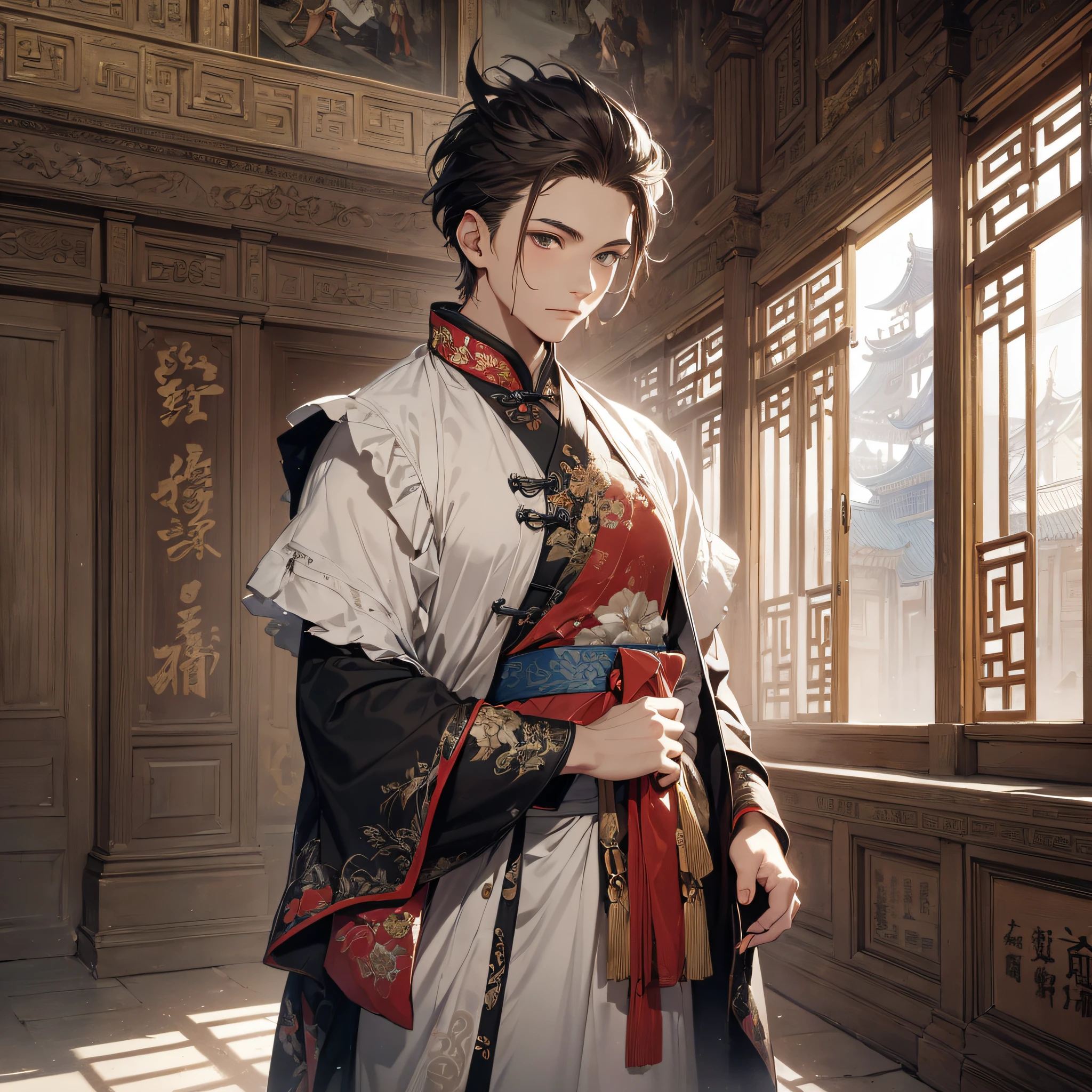Absurd resolution, high resolution, (masterpiece: 1.4), hyper-detail, ancient Chinese, inside a gorgeous palace, short hair young man (1.3), looking at a horse