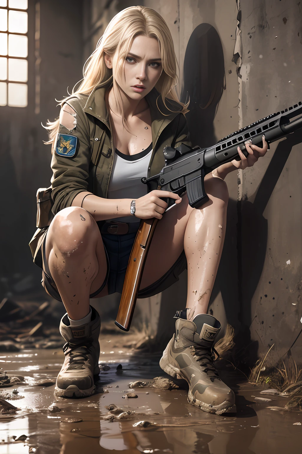 Realistic full body portrait, ruins, biohazard, video game heroine, stunningly beautiful white woman in her 20s holding a rifle, clear white skin, and mud, scratches everywhere, mud stained blonde hair and face, biohazard, torn and tattered clothes, white skin, thighs, smooth skin , frightened and desperate expressions, isometric details, amazingly realistic photos, 8K high quality medium dark lighting, high detail, detail eye, detail face