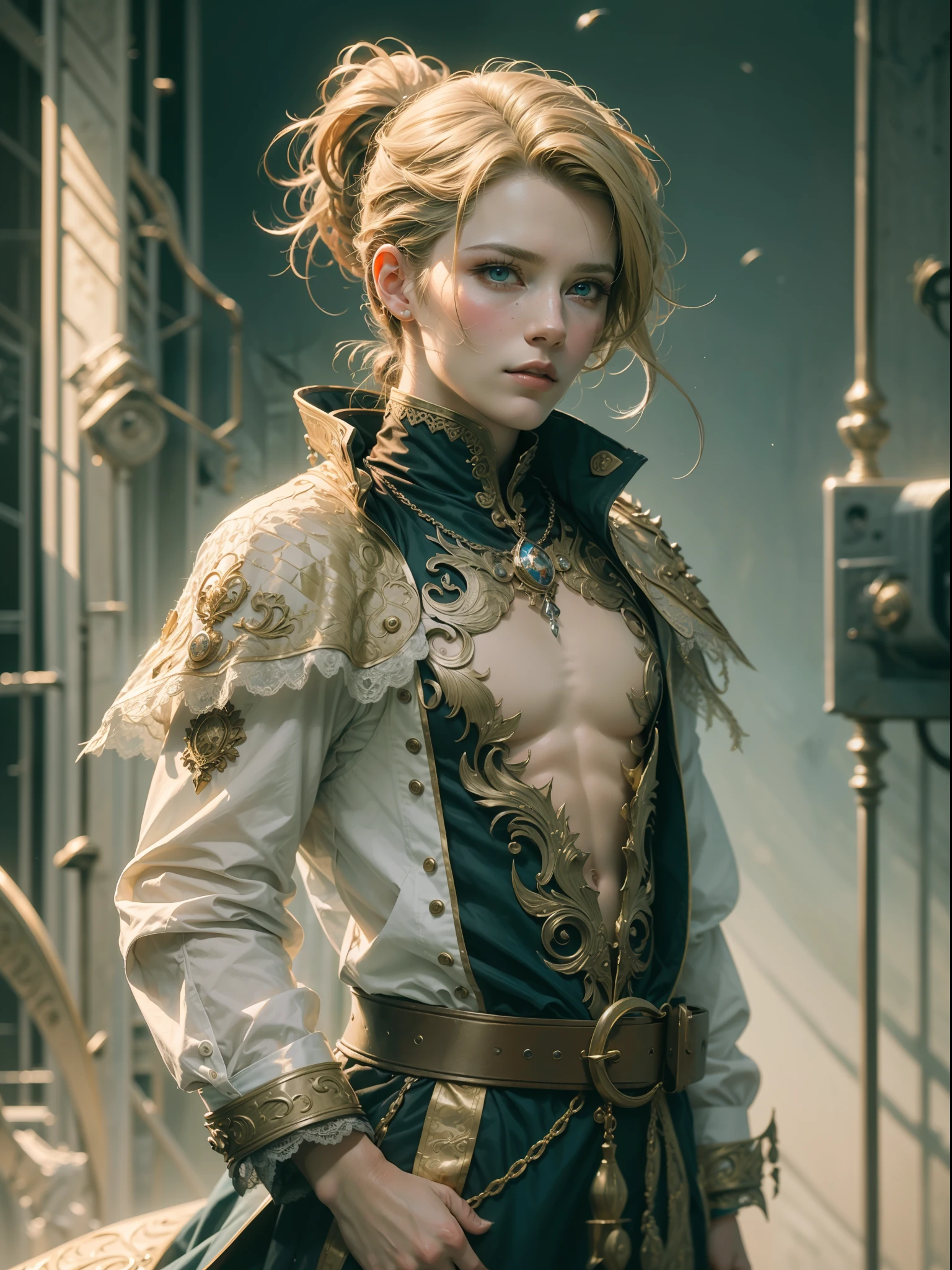 (masterpiece, absurdres, highres, ultra detailed), 1man, wavy blonde hair, blue eyes, ponytail, perfect face, male focus, femboy, flat chest, bulge, androgynous, detailed eyes and face, slight smile, full body shot, cowboy shot, ((best quality)), ((masterpiece)), (detailed), realistic eyes, alluring male, ethereal beauty, (fantasy illustration:1.3), enchanting gaze, captivating pose, solo (boy), delicate, otherworldly charm, soft colors, belted velvet robe, see through cloths, lacy ornament, lace, intricate details, cinematic lightning, depth of field, action packed,