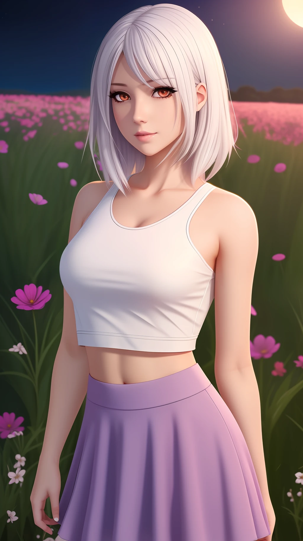 realistic, 1girl, white hair, purple eyes, glowing eyes, crop top, skirt, parted lips, blush, night, flowers, sun, sunlight, --auto