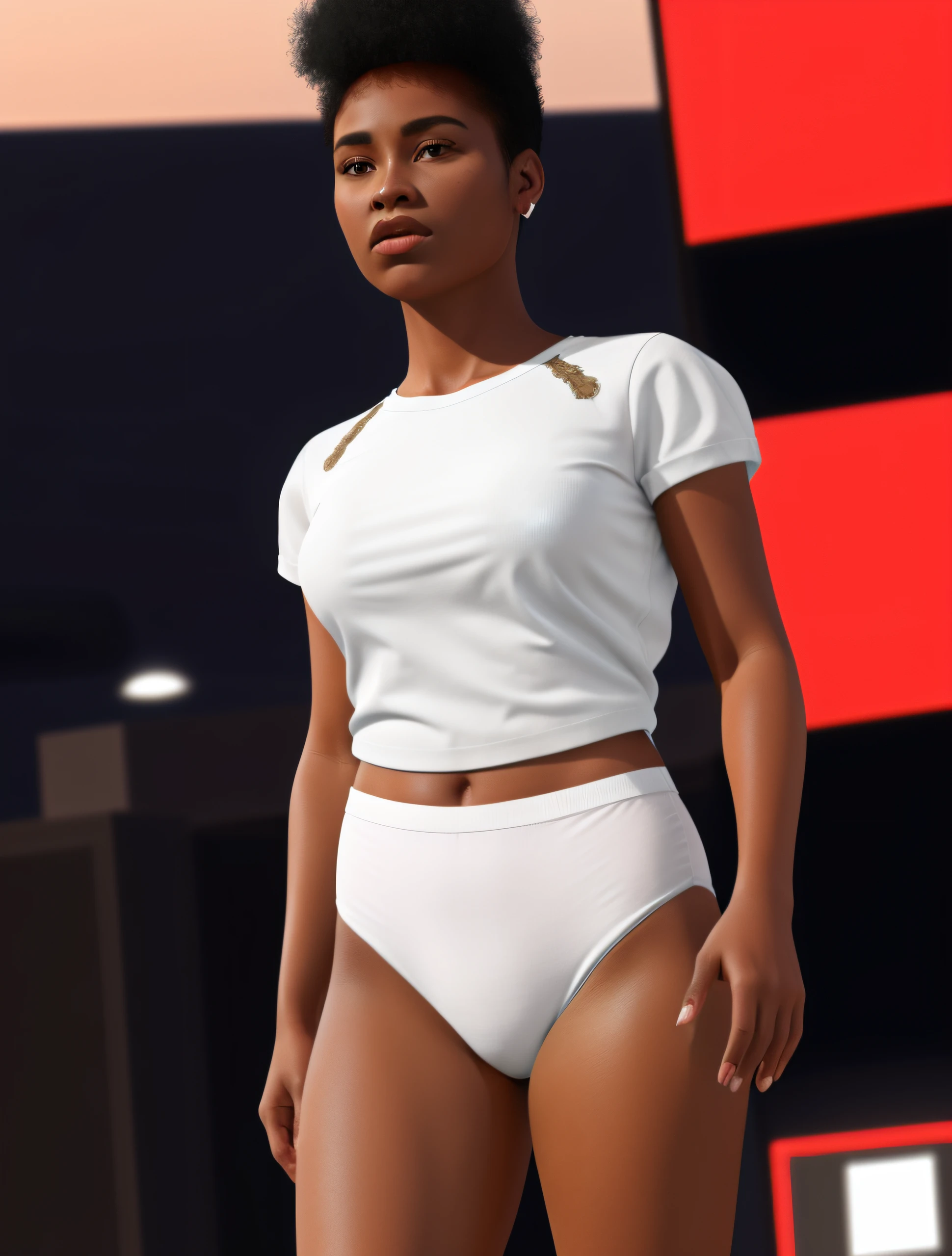 Black woman in white cotton shirt, and white cotton panties, photo realistic, intricate details