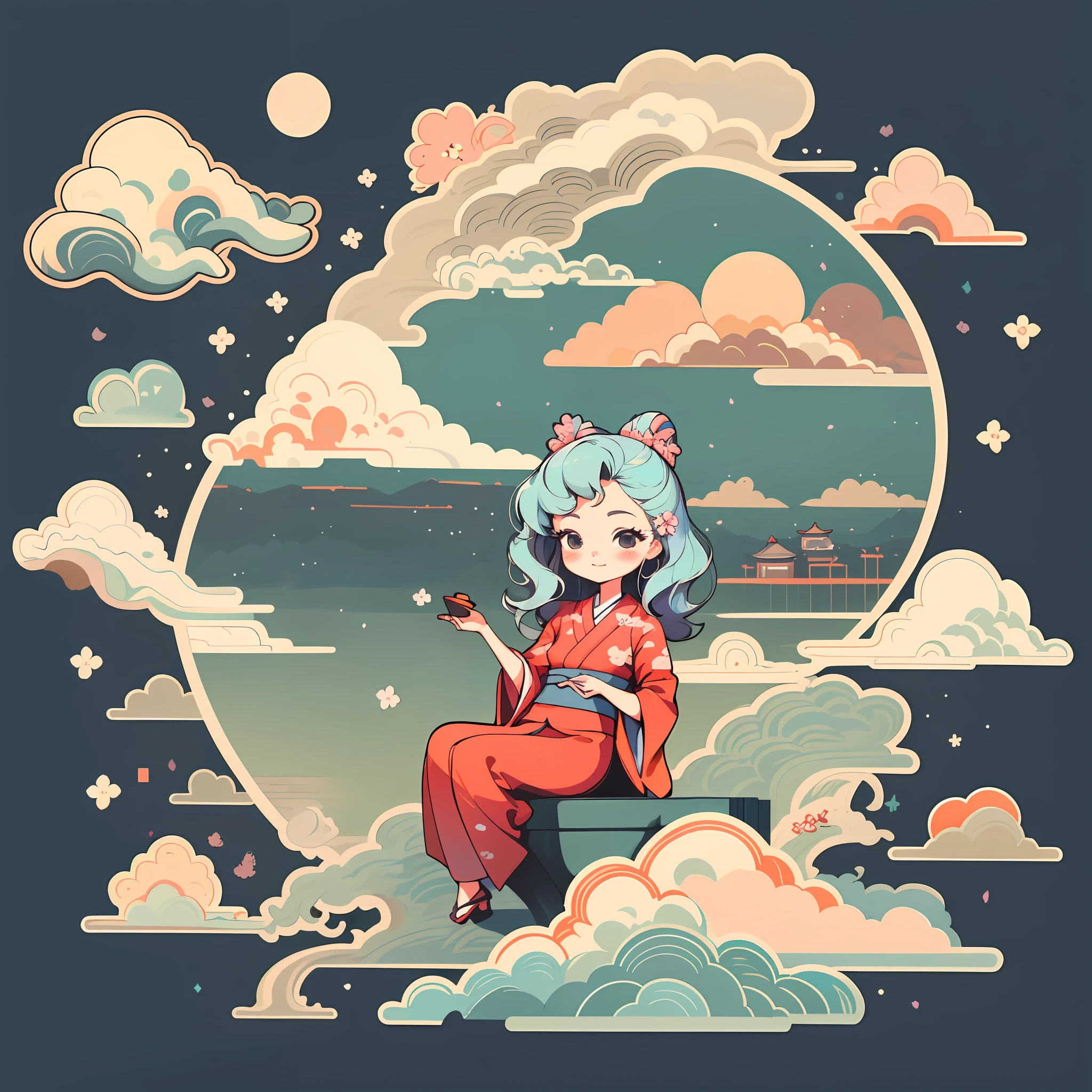 1 sticker, sticker, nikkaze, (cute girl), (gorgeous kimono), (gorgeous hair accessory), (Japanese traditional hairstyle), cherry blossoms, mountains, clouds, behind is a huge round moon, stars, white background, no background, simple background, minimal, cute, tiny, pastel color, vector style, no gradient