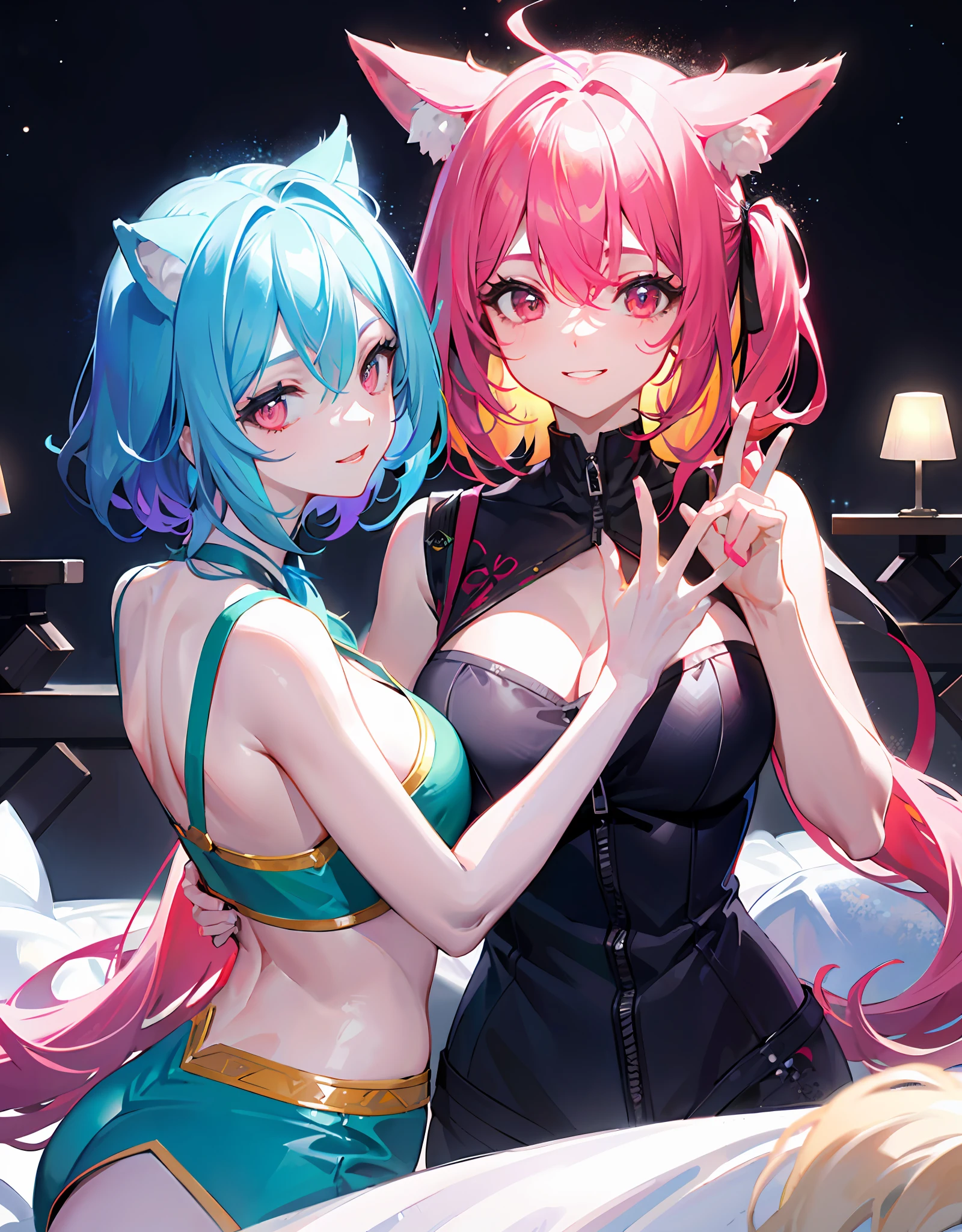 Dynamic Angle, 8k, Thick Paint 5, Movie Scene, Perfect Anatomy, Detailed Face, Ultra Detailed Eyes, Upper Body, 2 Girls, Smile, Wolf Ears, Wolf Tail, Pink Eyes, Hair Between Eyes, Striped Hair, Striped Hair, (((Colorful Hair Color: 1)))), (Random Hair Color: 1))), Colorful Hairstyle: 2, ((Perfect Fingers, Perfect 5 Fingers)))), D Cup, Cleavage, Upper body, 1 girl, smile, wolf ears, wolf tail, pink eyes, hair between the eyes, striped hair, variegated hair color: 5, jewels at the ends of the hair, twin tails, (thin room clothes with fluttering chest: 15), cute embroidered pajamas, AI super luxurious bedroom and cute interior: 5, (on the bed: 15) on all fours, looking at the viewer embarrassedly and laughing, turning around from behind, blush, moon, star