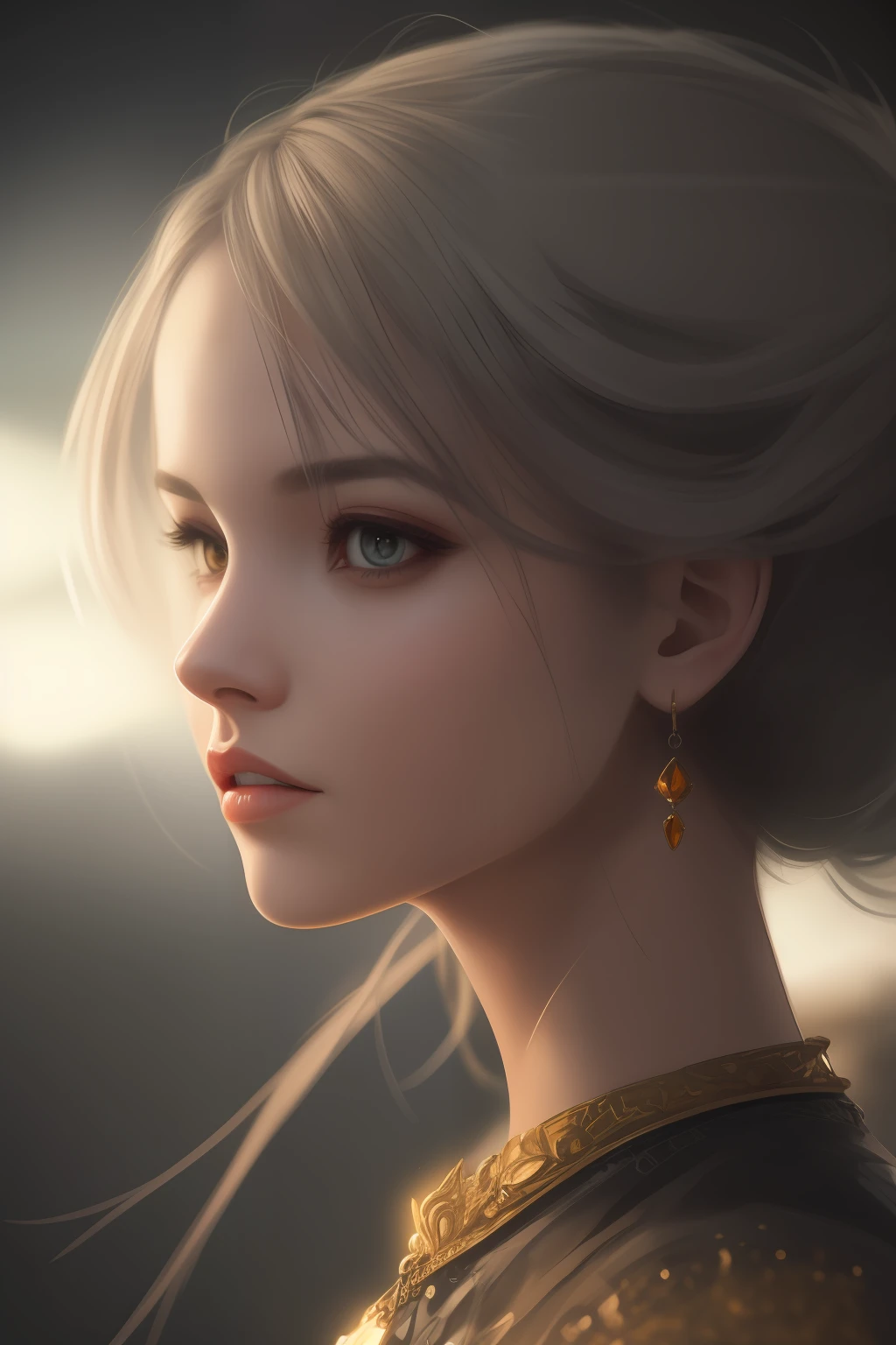 (8k, RAW photo, best quality, masterpiece: 1.2), model shooting style, (dark shot: 1.5), (close-up of a man: 1.5), silver hair, fairy wind dobone, Artgerm; 3D Unreal Engine, Guvez style artwork, stunning character art, beautiful digital artwork, stunning 8k character concept art, Artgerm and Atey Ghailan, Best Art Station for Fan Art, Best Art Station, Wojtek Fus, 4K Highly Detailed Digital Art (Soft Volume Light: 1.5), (Subsurface Scattering: 1.5), Wax, (Night Light: 1.6). ), global illumination, Soft Shadows, (dark background with cool lighting:1.0), bokeh, Charlie Bowater, stanley artgerm lau, a detailed painting, fantasy art, artstation, trends on Artstation, like Art like midjourney and Rutkowski, Ultra Detailed, Crazy Detail, Intricate Detail, (Oil painting:1.5), (Digital Art: 1.5), glare on the cornea, Round pupil, Refraction, Screen Space Reflection, Screen Space Ambient Light Occlusion, (HDR: 1.4), (Gold Jewelry with Amber Gemstones: 1.1)