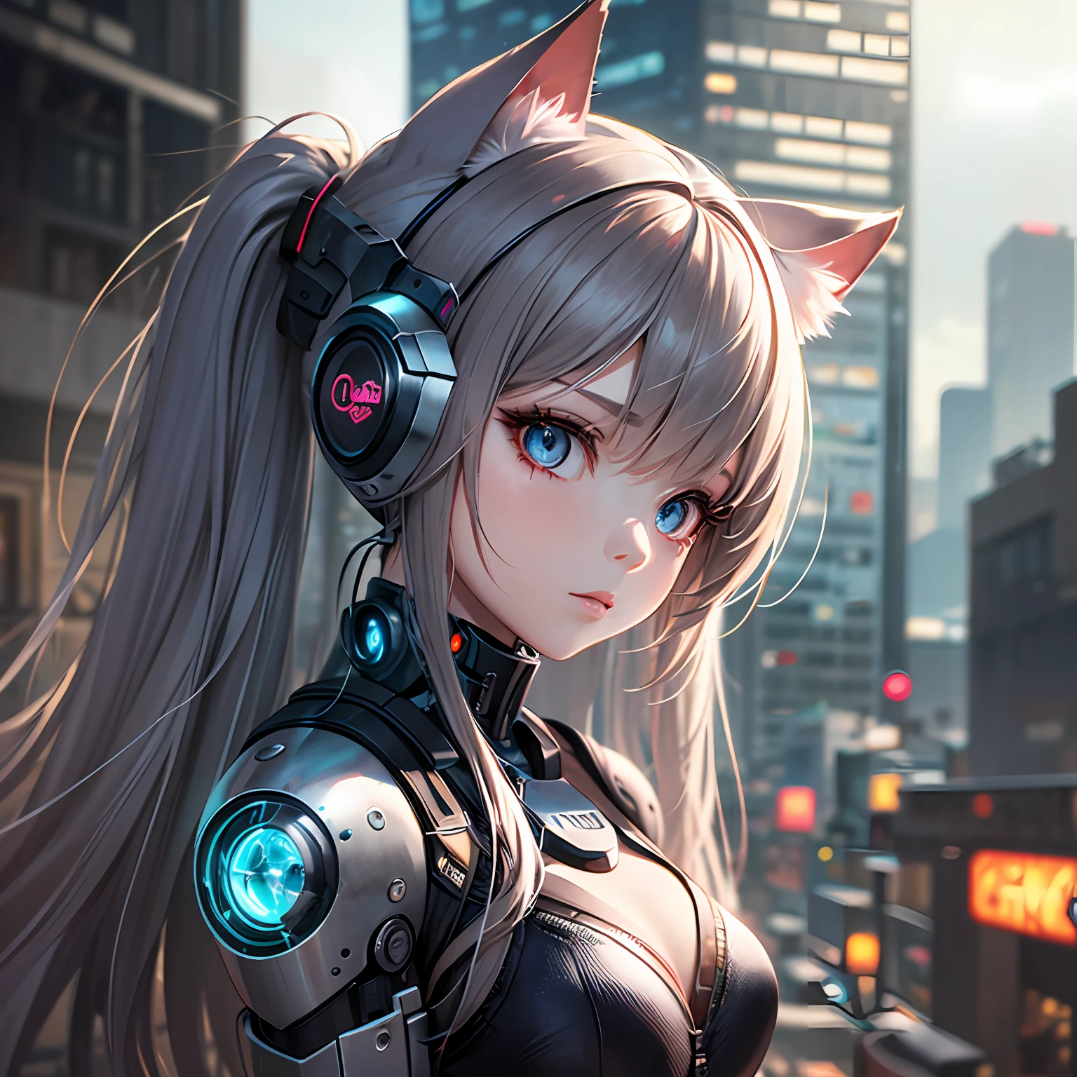 ((metal)), girl with long metal hair,((cyborg))), cat ears, cyberpunk style,(((complex details)),hdr,(complex details, ultra detail)))), cinematic shot, vignette