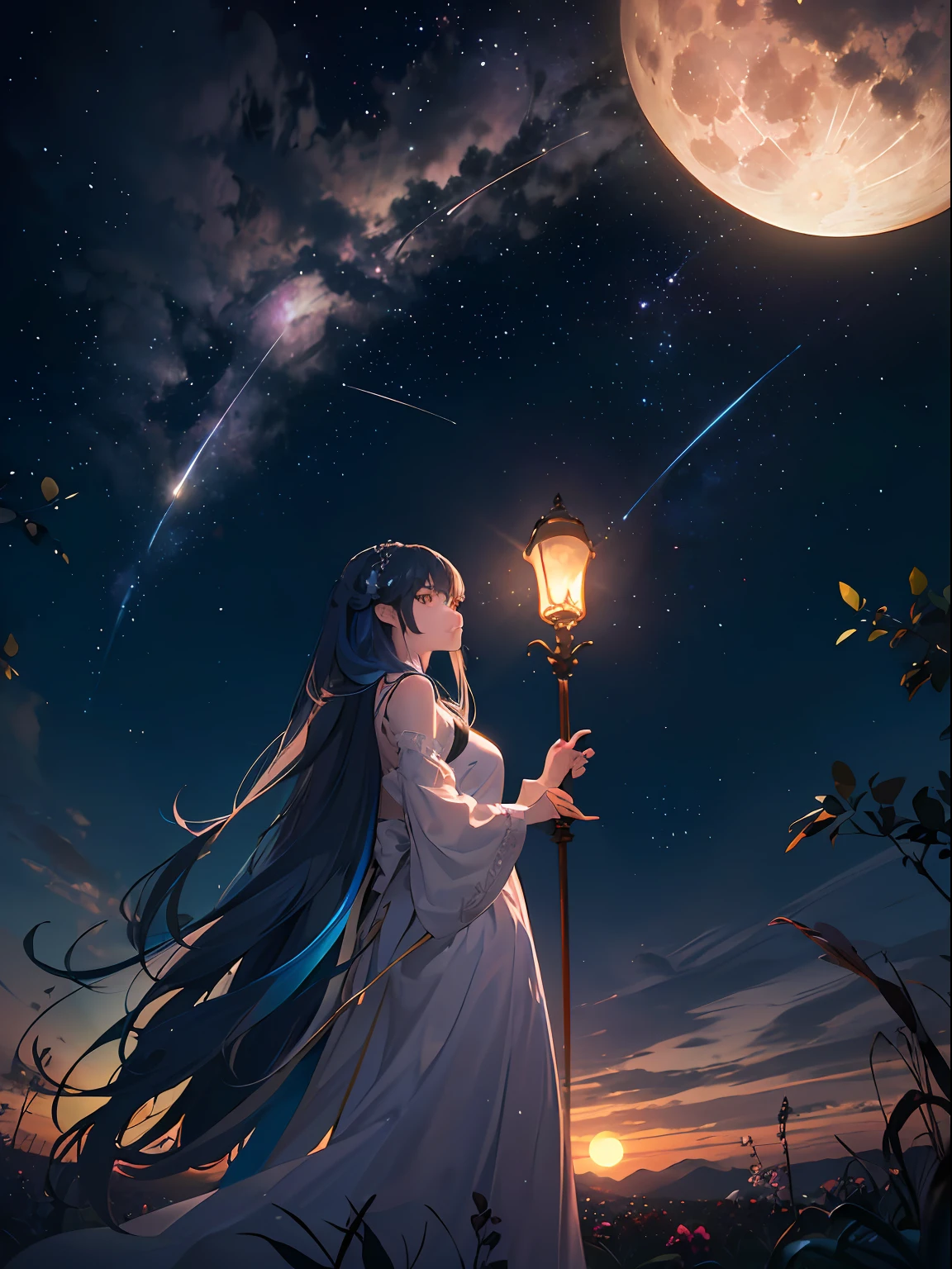 Expansive landscape photograph, (view from below with a view of the sky and wilderness below), woman standing in a flower field looking up, (full moon: 1.2), (shooting star: 0.9), (nebula: 1.3), distant mountain, tree break production art, (warm light source: 1.2), (firefly: 1.2), lamp, purple and orange, intricate detail, volume lighting, realism break (masterpiece: 1.2) (Best Quality), 4K, Ultra-Detailed, (Dynamic Configuration: 1.4), Highly Detailed and Colorful Details, (Iridescent Colors: 1.2), (Glowing Lighting, Atmospheric Lighting), Dreamy, Magical, (Solo: 1.2) --auto