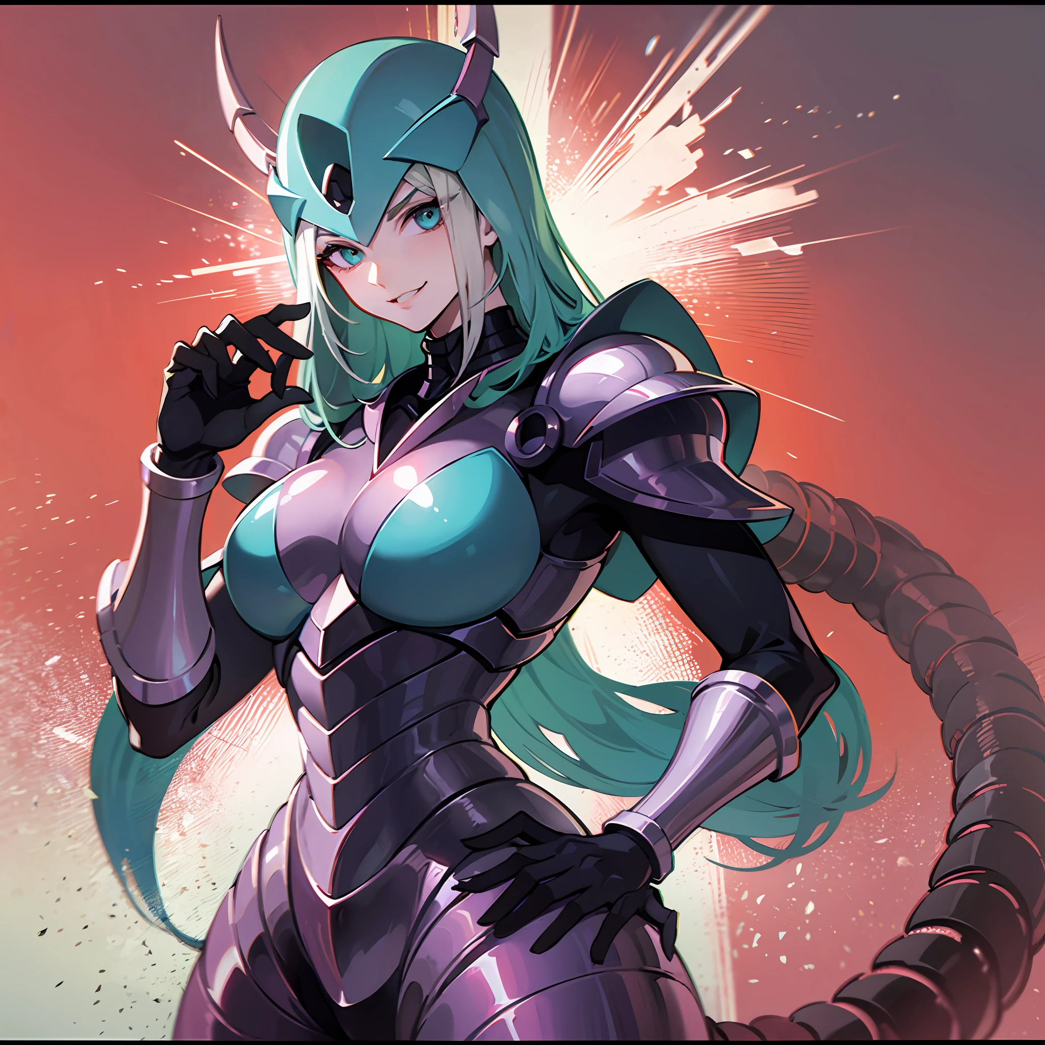 Hot insect crustacean woman, Guyver style, evil smile, scaraber reploid, bellows tail, cel shade adult animation, alien queen,
