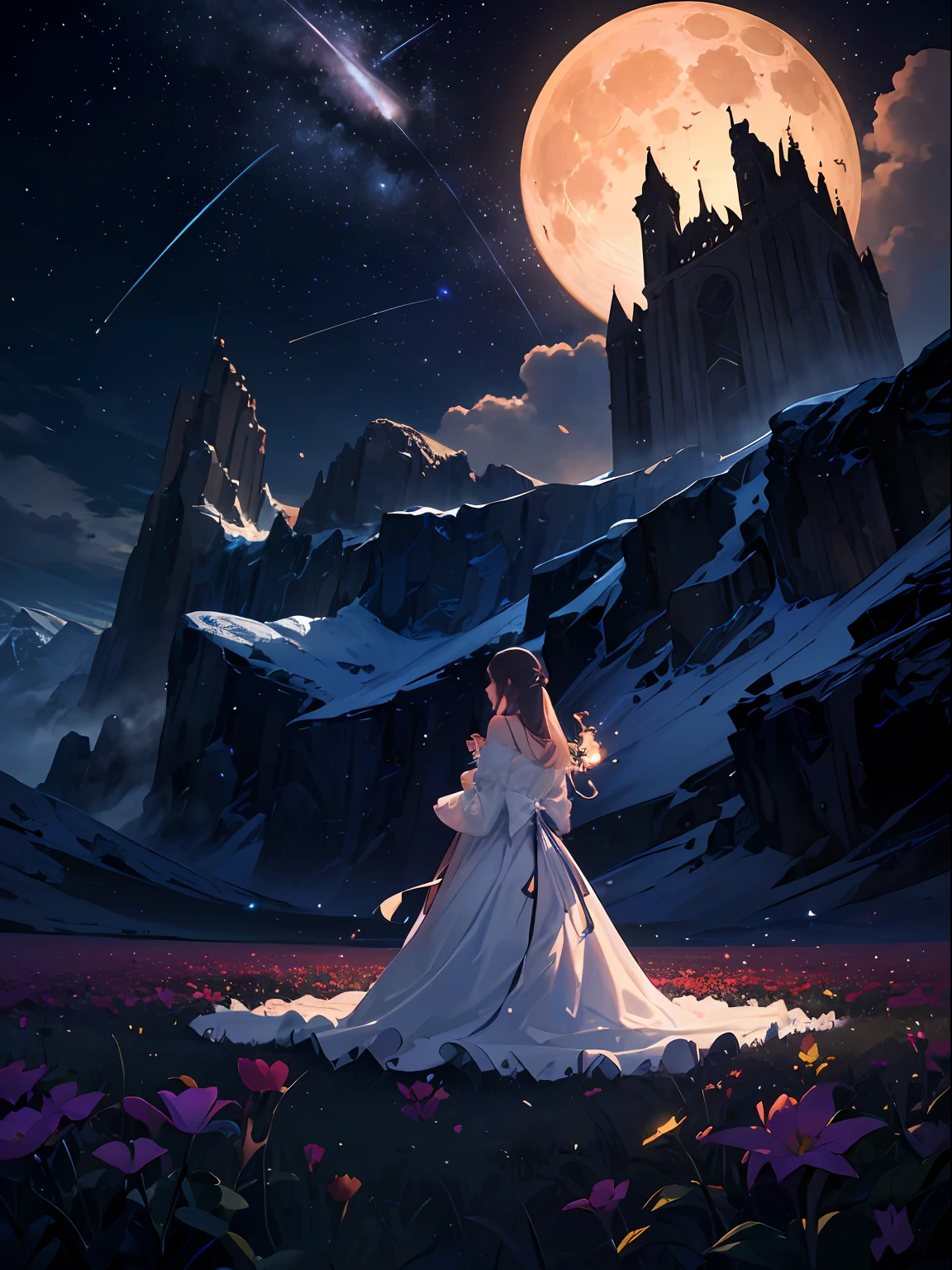 Expansive landscape photograph, (view from below with a view of the sky and wilderness below), woman standing in a flower field looking up, (full moon: 1.2), (shooting star: 0.9), (nebula: 1.3), distant mountain, tree break production art, (warm light source: 1.2), (firefly: 1.2), lamp, purple and orange, intricate detail, volume lighting, realism break (masterpiece: 1.2) (Best Quality), 4K, Ultra-Detailed, (Dynamic Configuration: 1.4), Highly Detailed and Colorful Details, (Iridescent Colors: 1.2), (Glowing Lighting, Atmospheric Lighting), Dreamy, Magical, (Solo: 1.2) --auto