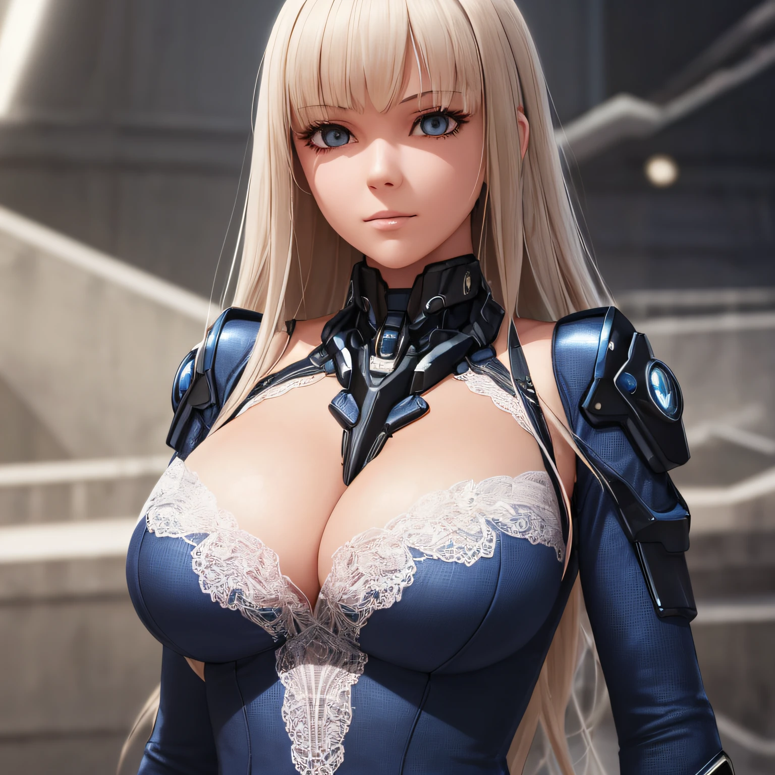 1girl, cyberpunk, mecha, sci-fi, looking at the audience, upper body, 3D, realistic, big breasts, princess dress with excessive frills, draped clothes, jewelry, ornaments, flowers, lace, masterpiece, best quality, 8k, detailed skin texture, detailed cloth texture, pretty detailed face, complex details, super detail, edge lighting, side lighting, cinematic light, super high resolution, 8k uhd, film grain, best shadow, delicate, RAW --auto