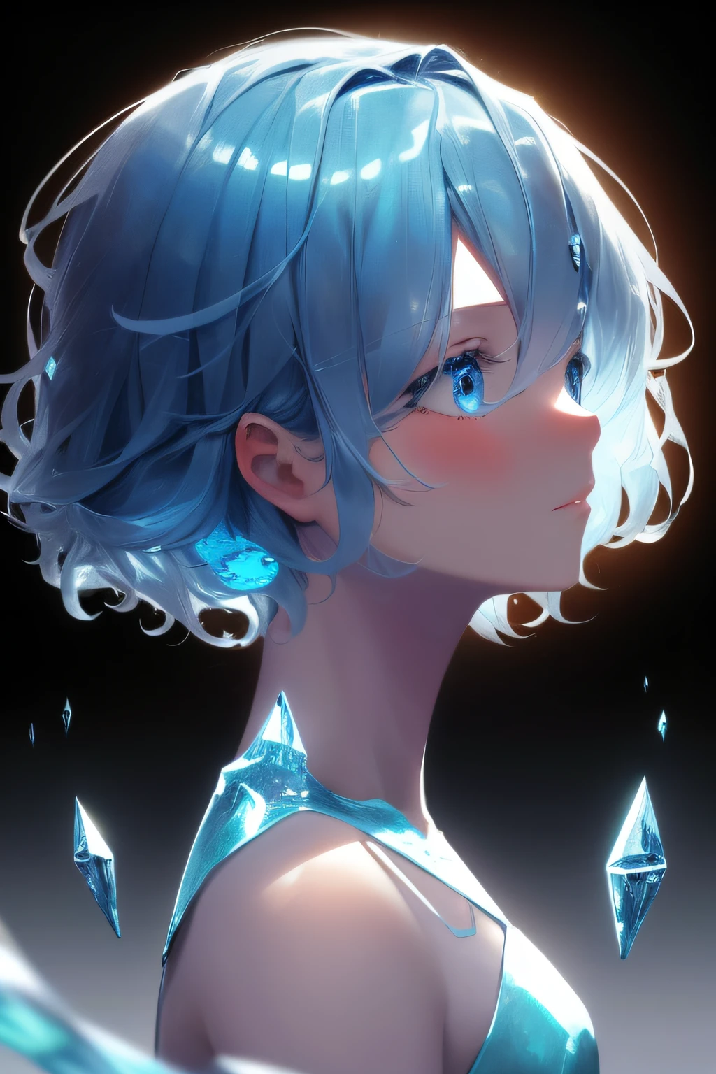 (Masterpiece))), Best Quality, Illustration, 4K Wallpaper, Cinematic Light, Absurdres, Protrait of 1girl, Short Hair, Blue Crystal Hair, Viewer Gaze, Glow Hair, Bloom Hair, Fantasy Clothes