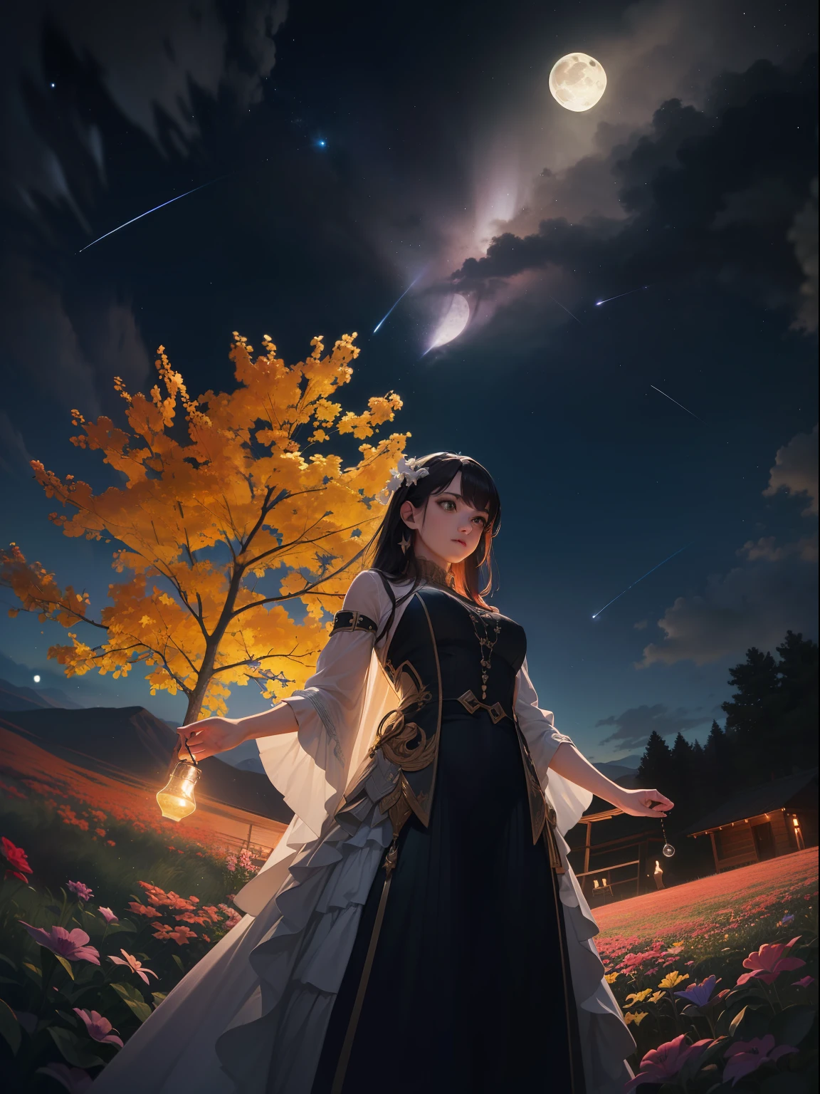 Expansive landscape photograph, (view from below with a view of the sky and wilderness below), woman standing in a flower field looking up, (full moon: 1.2), (shooting star: 0.9), (nebula: 1.3), distant mountain, tree break production art, (warm light source: 1.2), (firefly: 1.2), lamp, purple and orange, intricate detail, volume lighting, realism break (masterpiece: 1.2) (Best Quality), 4K, Ultra-Detailed, (Dynamic Configuration: 1.4), Highly Detailed and Colorful Details, (Iridescent Colors: 1.2), (Glowing Lighting, Atmospheric Lighting), Dreamy, Magical, (Solo: 1.2)
