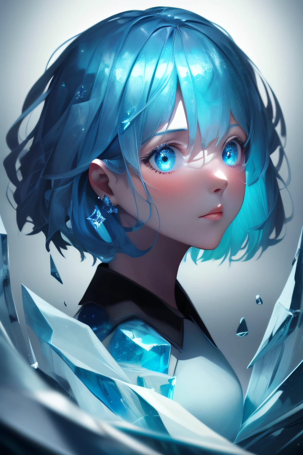 (Masterpiece))), Best Quality, Illustration, 4K Wallpaper, Cinematic Light, Absurdres, Protrait of 1girl, Short Hair, Blue Crystal Hair, Viewer Gaze, Glow Hair, Bloom Hair, Fantasy Clothes