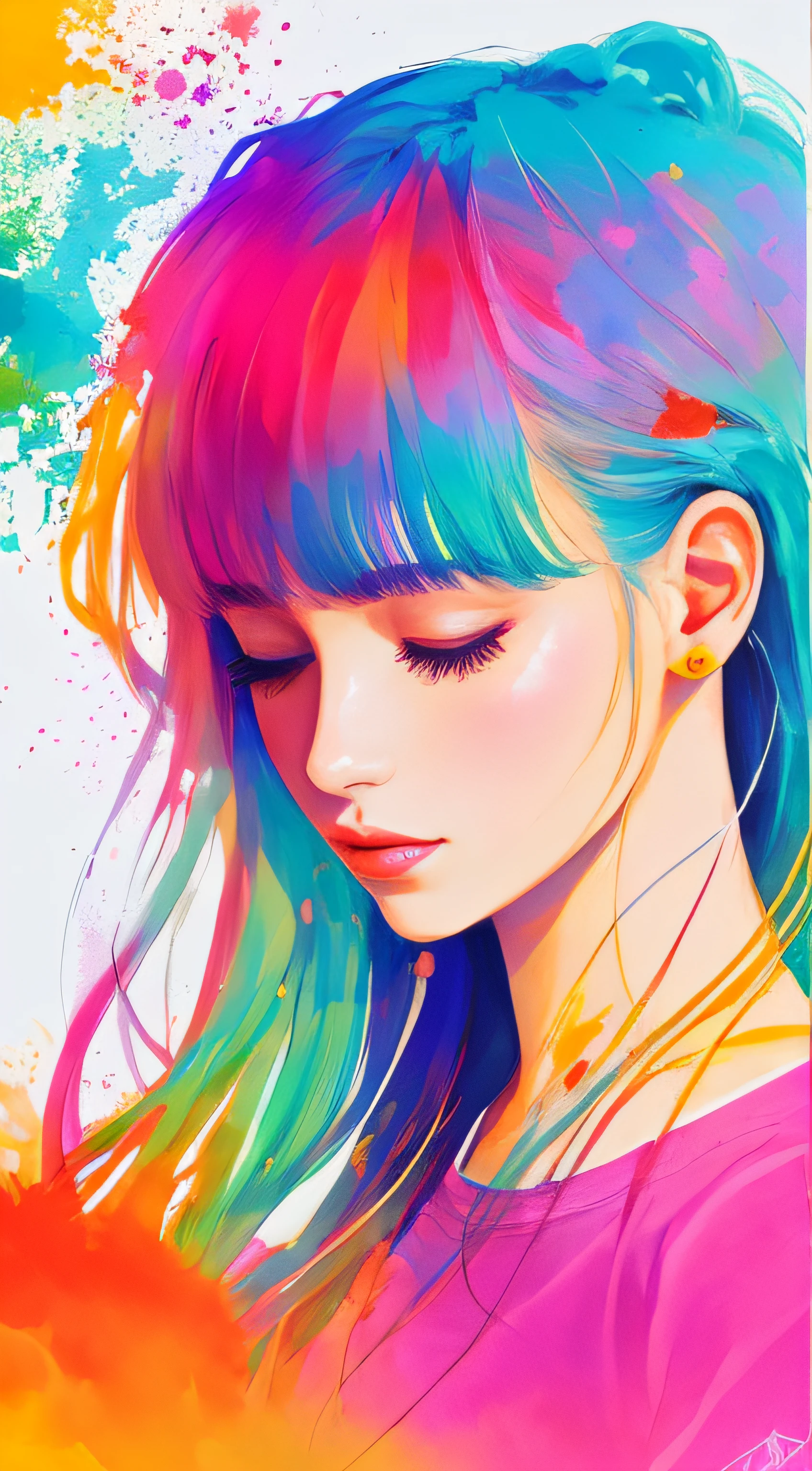 T-shirt design, round design, white background, centered art, 2D vector, woman with agnes cecile, bright design, pastel colors, paint drops, autumn lights