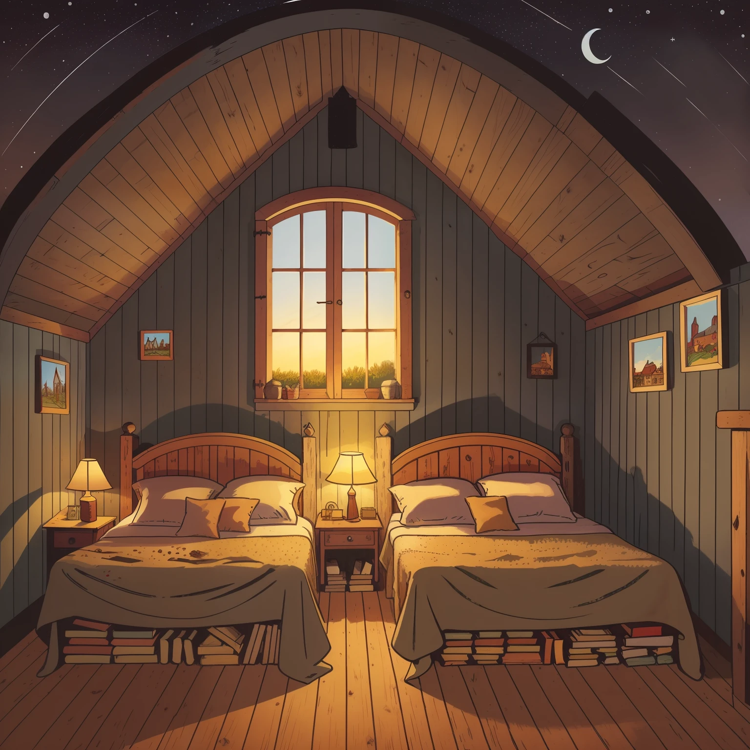 children's picture book illustration, two rustic beds, inside a rustic farmhouse, 18th century France, night, impressive composition, dim, wide angle lens, cute, color illustration,