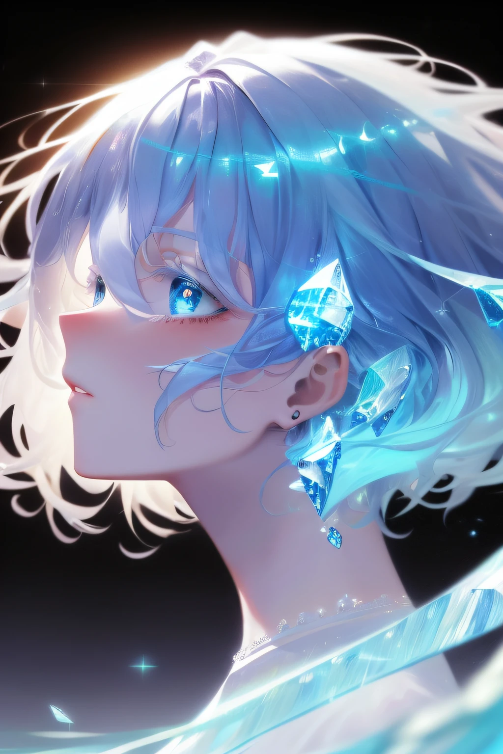 (Masterpiece))), Best Quality, Illustration, 4K Wallpaper, Cinematic Light, Absurdres, Protrait of 1girl, Short Hair, Blue Crystal Hair, Viewer Gaze, Glow Hair, Bloom Hair, Fantasy Clothes