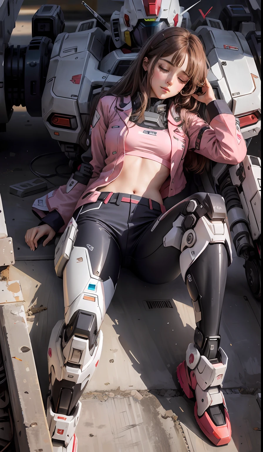 Sleeping girl, 22 years old, realistic, she wears mecha trousers, pink Gundam pajamas, brown hair, cyborg pajamas