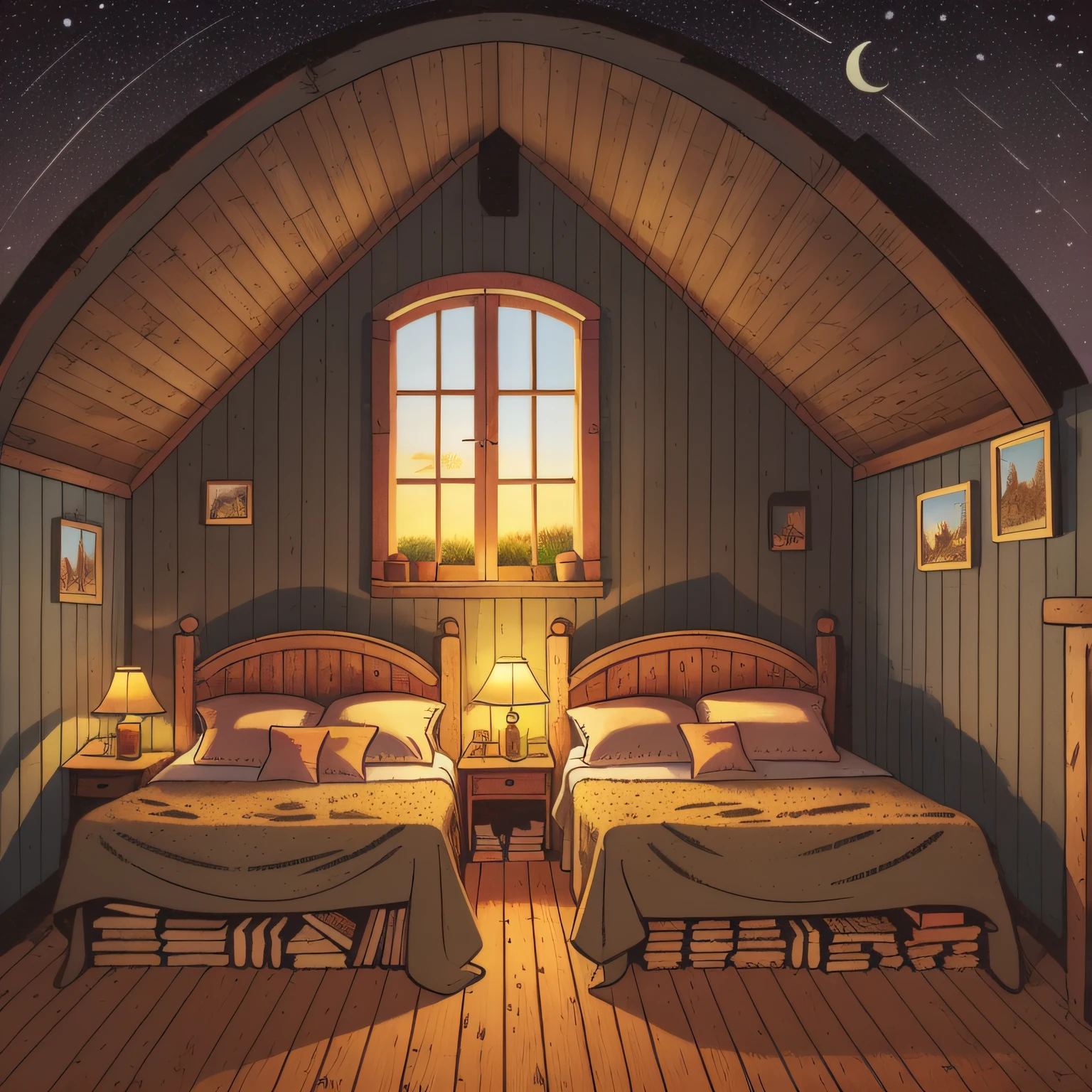 children's picture book illustration, two rustic beds, inside a rustic farmhouse, 18th century France, night, impressive composition, dim, wide angle lens, cute, color illustration,