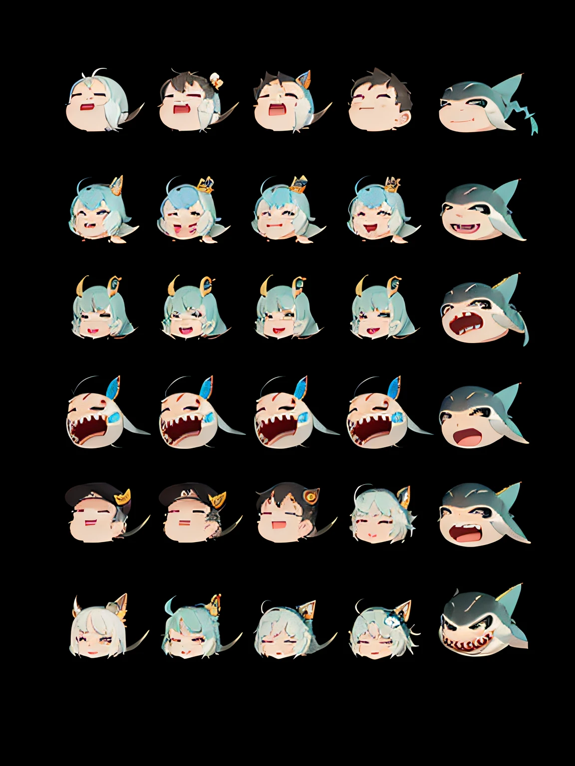 Multiple expressions of the blue shark, happy, angry, crying, loving, etc., emojis, related characters, carvings, thick lines, aspect ratio 3:4. --auto