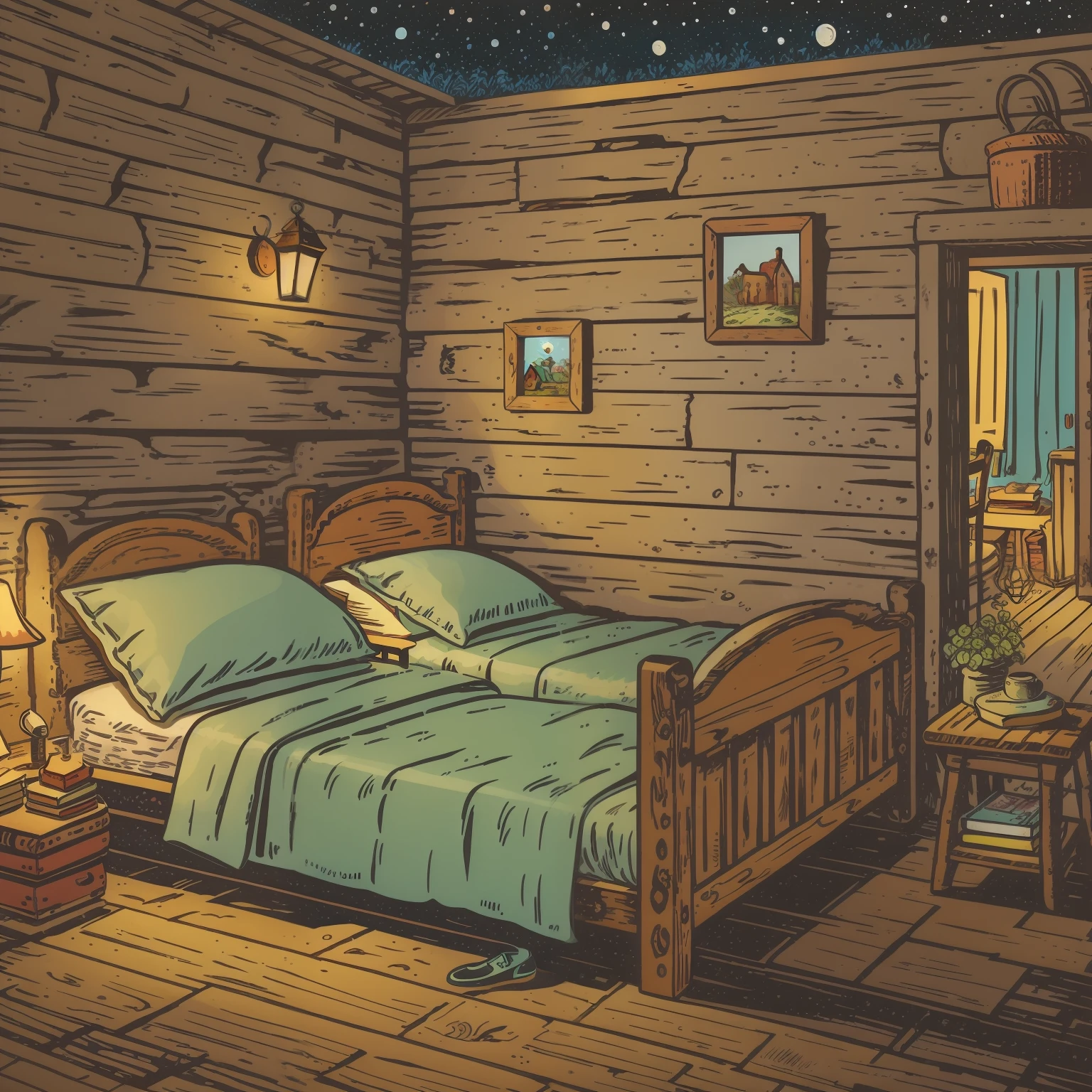 children's picture book illustration, two rustic beds, inside a rustic farmhouse, 18th century France, night, impressive composition, dim, wide angle lens, cute, color illustration,