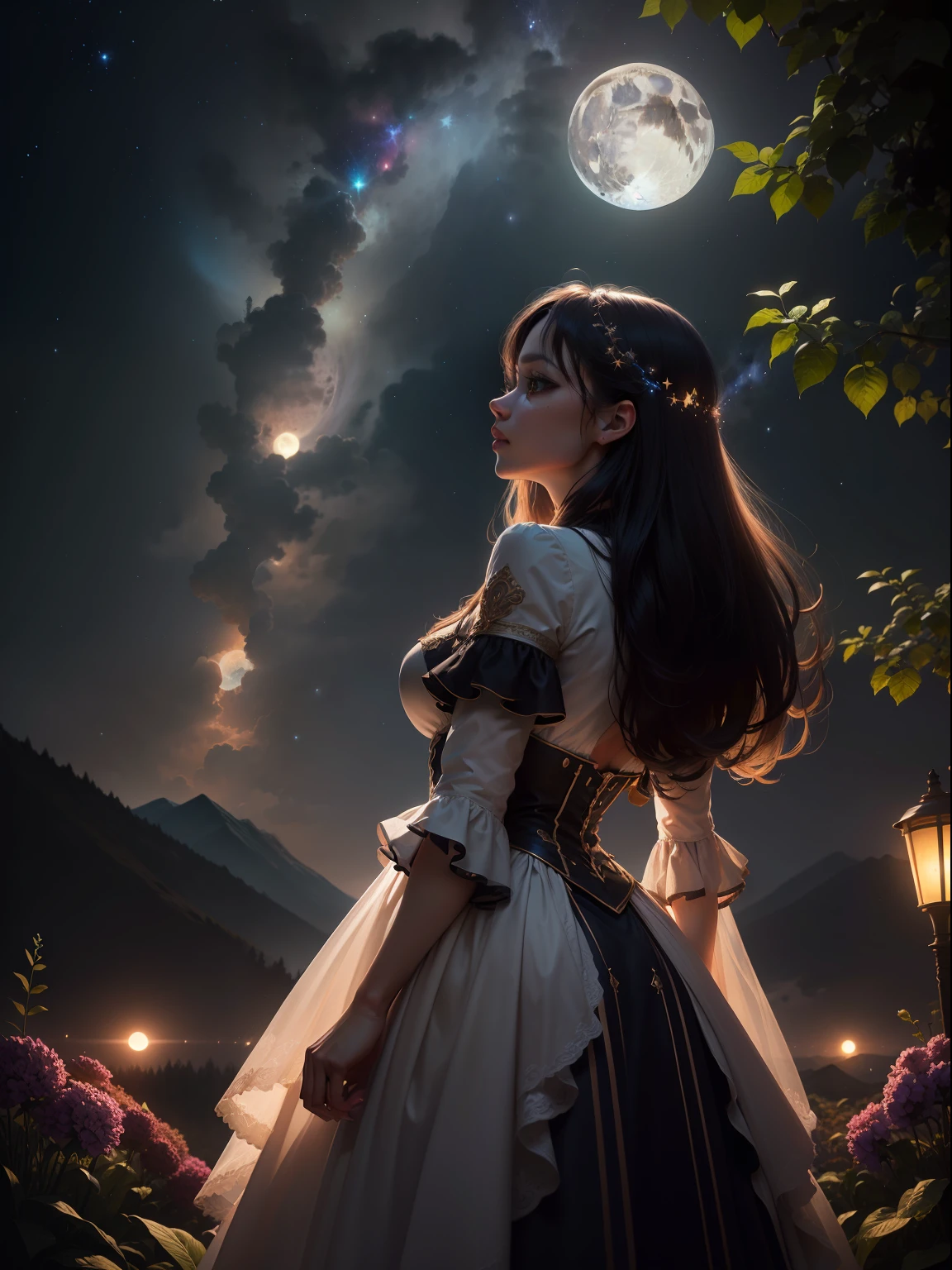 Expansive landscape photograph, (view from below with a view of the sky and wilderness below), woman standing in a flower field looking up, (full moon: 1.2), (shooting star: 0.9), (nebula: 1.3), distant mountain, tree break production art, (warm light source: 1.2), (firefly: 1.2), lamp, purple and orange, intricate detail, volume lighting, realism break (masterpiece: 1.2) (Best Quality), 4K, Ultra-Detailed, (Dynamic Configuration: 1.4), Highly Detailed and Colorful Details, (Iridescent Colors: 1.2), (Glowing Lighting, Atmospheric Lighting), Dreamy, Magical, (Solo: 1.2)