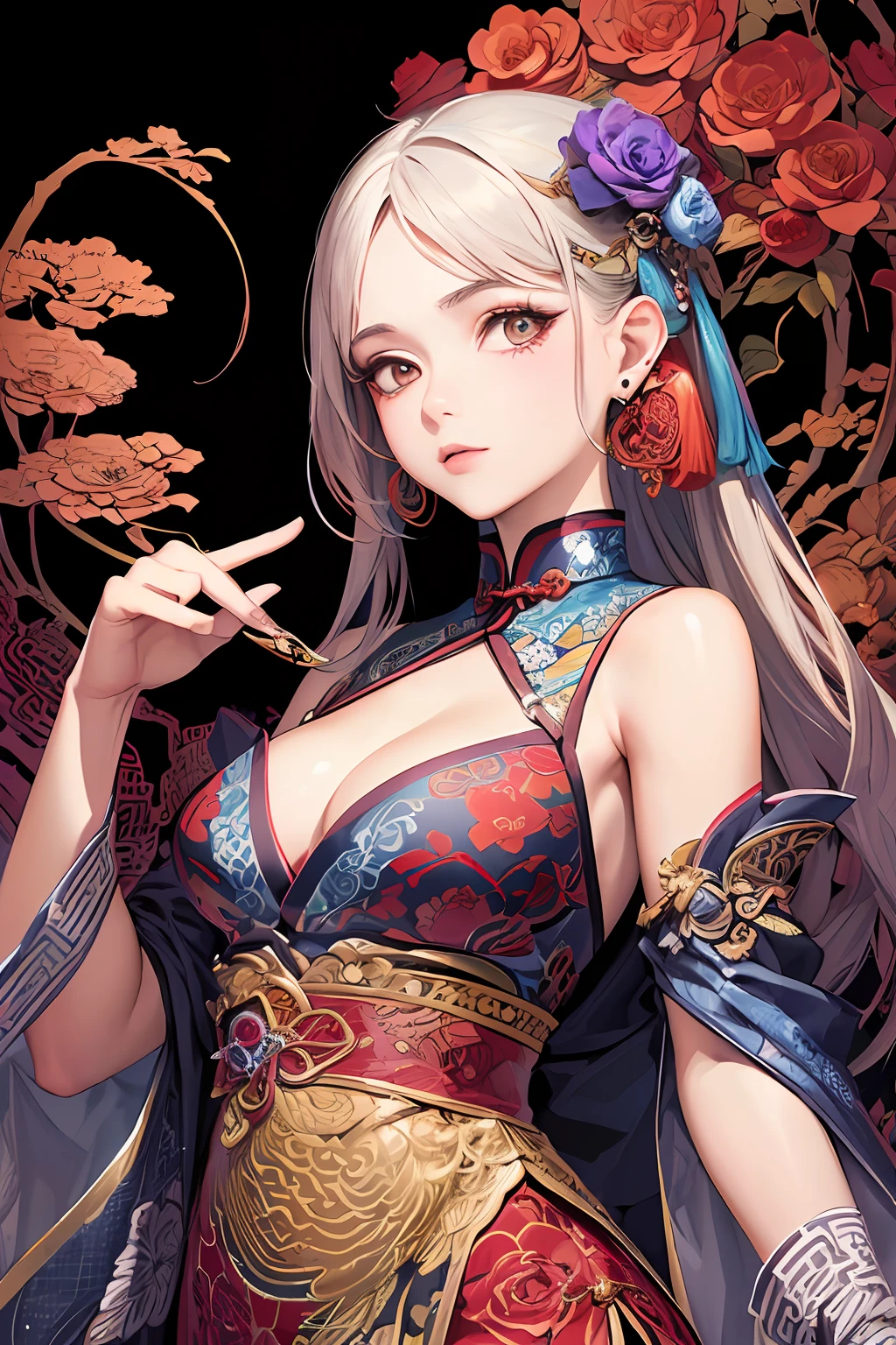 (masterpiece, top quality, best quality, official art, beautiful and aesthetic:1.2), (1girl:1.3), extremely detailed,(fractal art:1.1),(colorful:1.1)(flowers:1.3),highest detailed,(zentangle:1.2), (dynamic pose), (abstract background:1.3), (chinese Traditional cloth:1.2), (shiny skin), (many colors:1.4), ,(earrings:1.4),