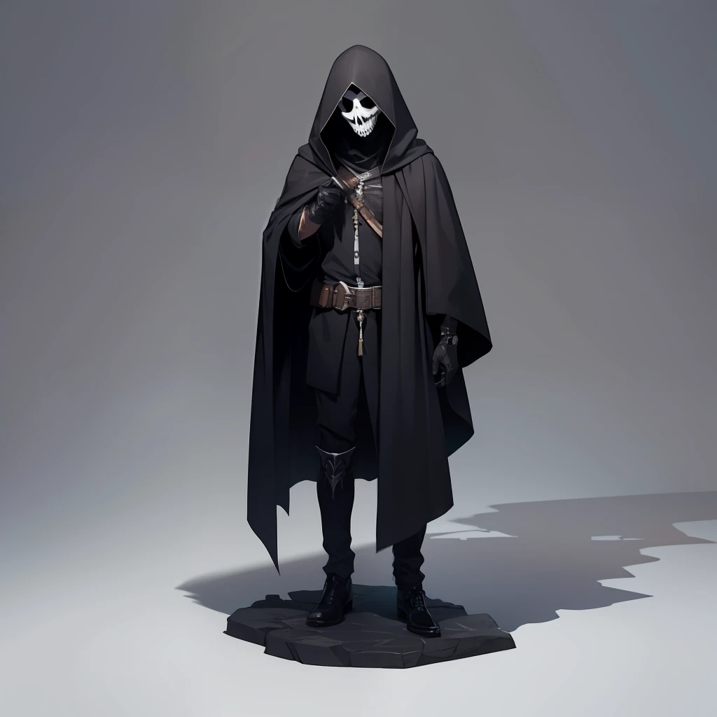solo male, black robes, black hood, white mask, skeletal mask, covering entire face, slim, fantasy