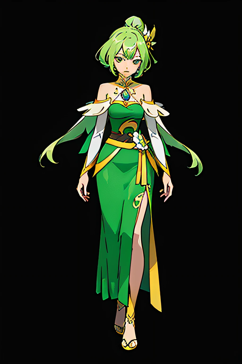 pokemon Fushigidane,(anime style),(raw photo:1.2),official art,(extremely detailed CG:1.2), (masterpiece:1.2), (best quality:1.2),looking at viewer,(full body)
,(1girl),(green hair),standing,(thai tradition dress:1.05),green dress,dynamic pose,(tradition shoulder shawl),((green skirt)),(green jewelry),
, pureerosface_v1