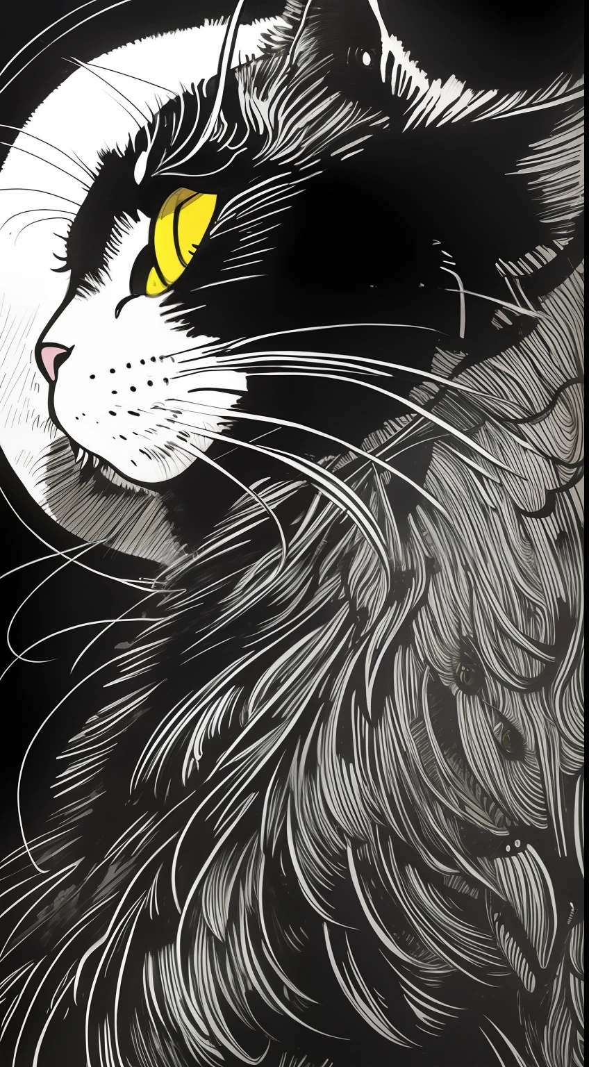 A black cat, full moon night, pitch black sky, rough expressive lines, expressive lines, dark lines, dense lines, intense line work, masterpiece, best quality, super fine, extremely delicate and beautiful, horror manga, inspired by Junji Ito, Junji Ito's artistic style, hand-drawn, black and white, extremely fine