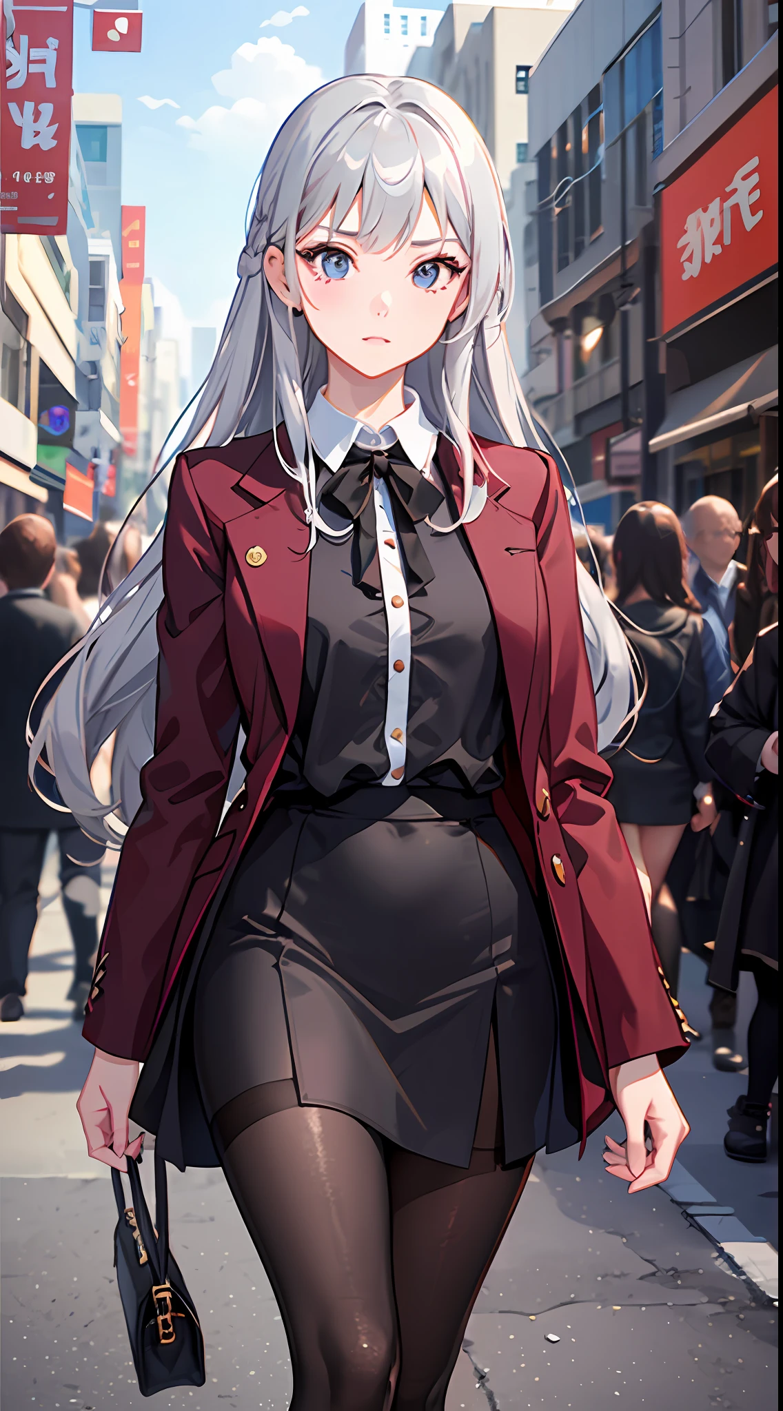 1girl, (fluffy silver long hair: 1.6), burgundy coat, white shirt, slender fade, black hip skirt, with black transparent pantyhose, black and red high black shoes, mature and beautiful, rich people, on the city street, walking towards the audience, showing a delicate and slender body and graceful curves, correct and reasonable limbs, ultra-detailed CG, delicate facial features, clear facial expressions, detailed digital animation art, digital animation art, high-quality animation art style