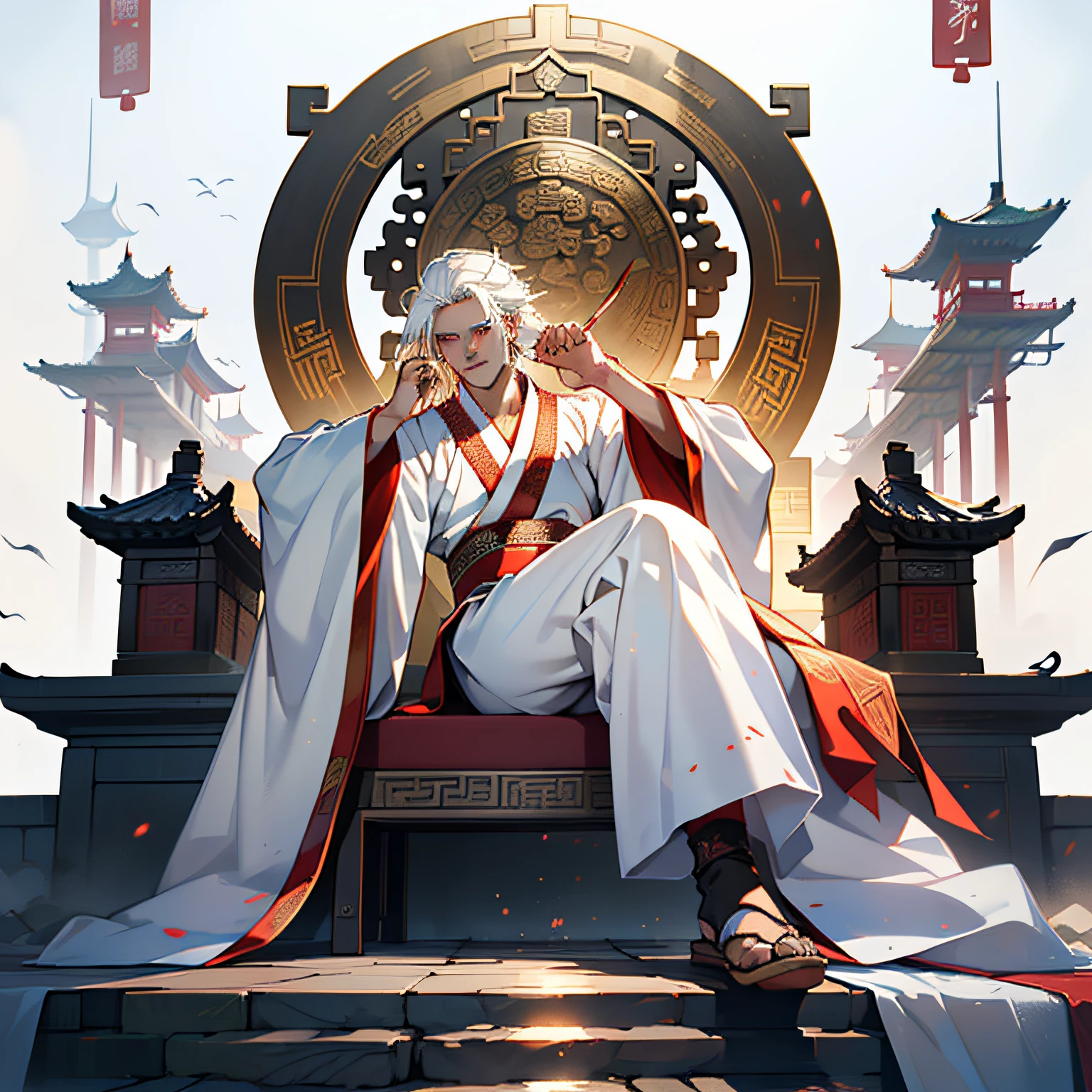 36. (1 person) (((white hair))), (((Aboy))).((White Hanfu youth)), (((White hair))(((White clothes))), ((Long white hair))), Wang Qi, gorgeous and handsome, outstanding temperament, sneering sitting on the sacred throne, magic, black magic. Frost Magic) (Background: In a sacred, resplendent palace in ancient China).