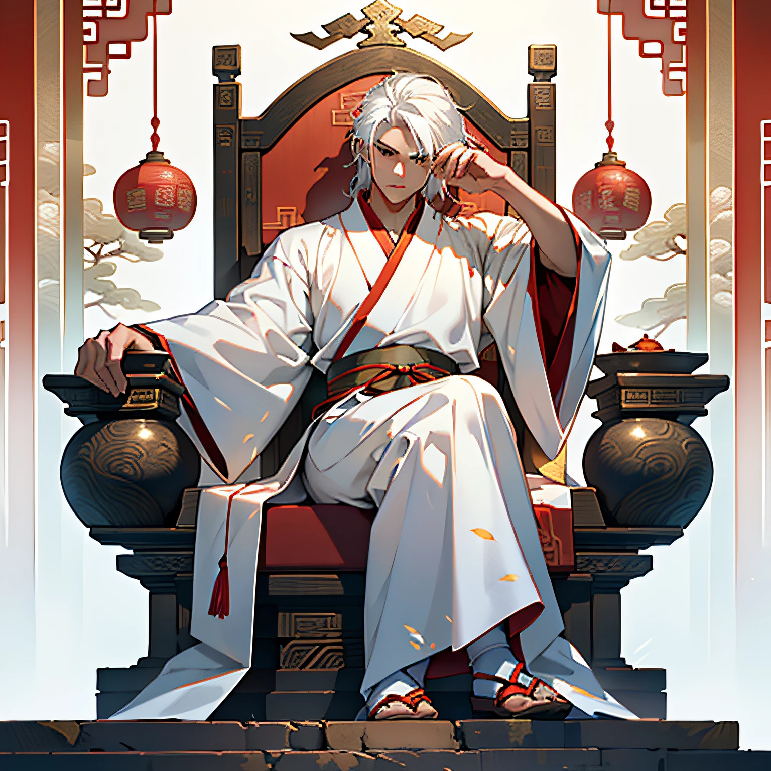 36. (1 person) (((white hair))), (((Aboy))).((White Hanfu youth)), (((White hair))(((White clothes))), ((Long white hair))), Wang Qi, gorgeous and handsome, outstanding temperament, sneering sitting on the sacred throne, magic, black magic. Frost Magic) (Background: In a sacred, resplendent palace in ancient China).