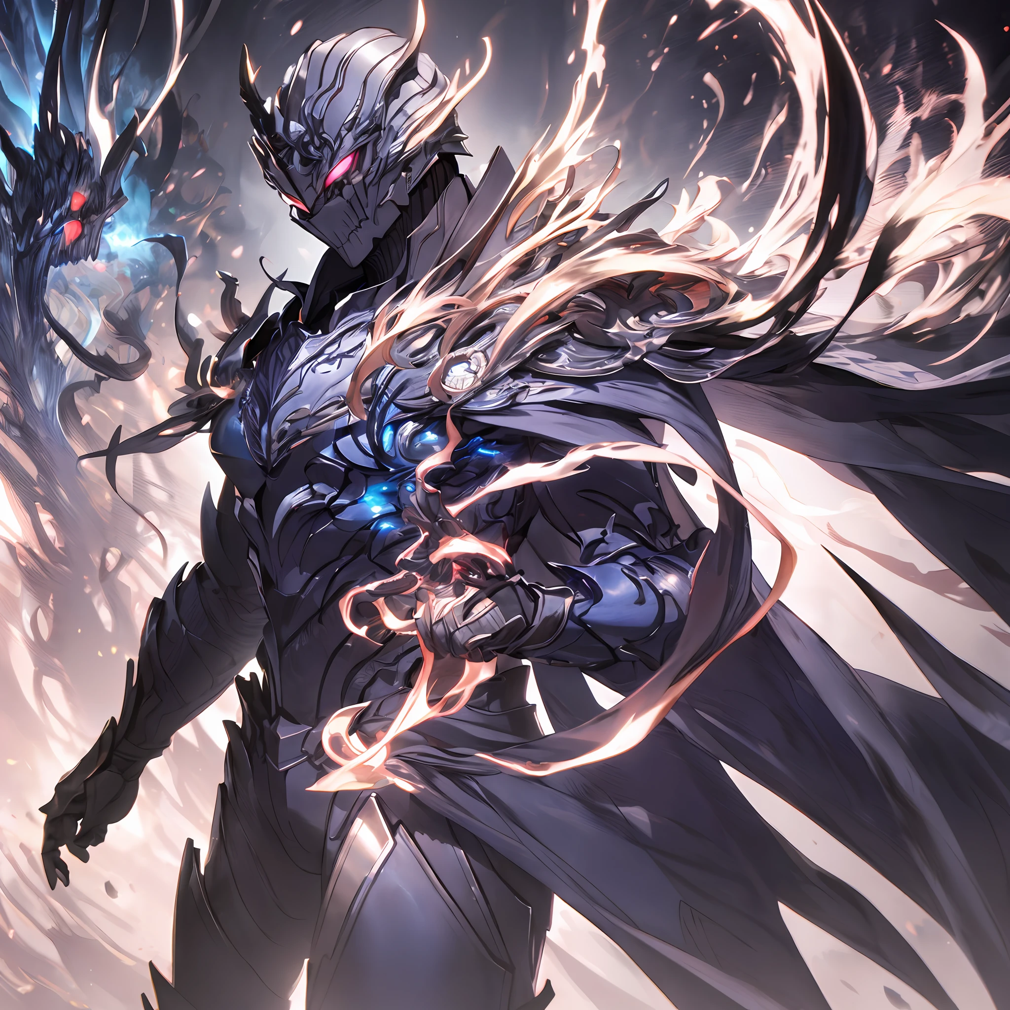 masterpiece, highly detailed CG unified 8K wallpapers, 8k uhd, dslr, high quality, clean, best illumination, a god in a blue and black armor, dark cape, glowing eyes, cinematic, ultra-high resolution, ultra-high detailed, high-definition, shadowverse style