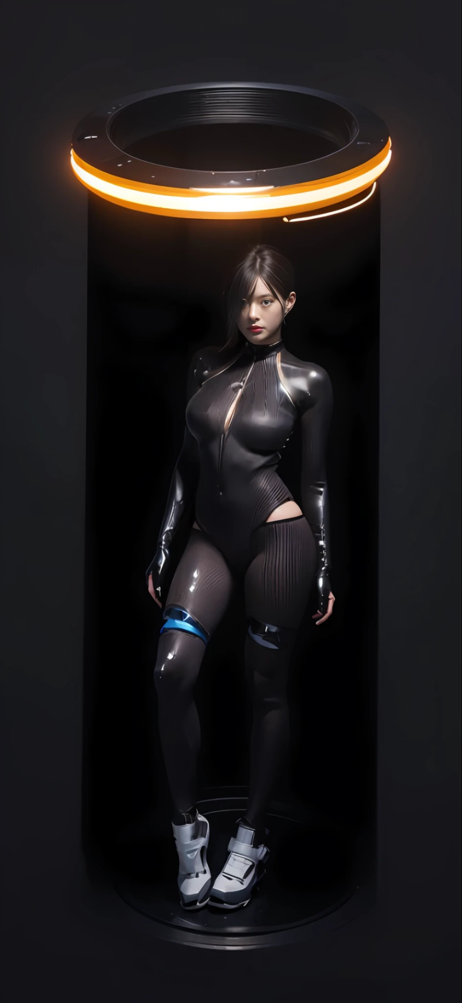 Precise face depiction, female cyborg, energy is fusion, body is made of metal, some artificial skin, appearance is close to human, metal parts are also exposed, instruments on chest, interface on arms, beauty, Japan person, ((full body: 1.2)), (body emits light)