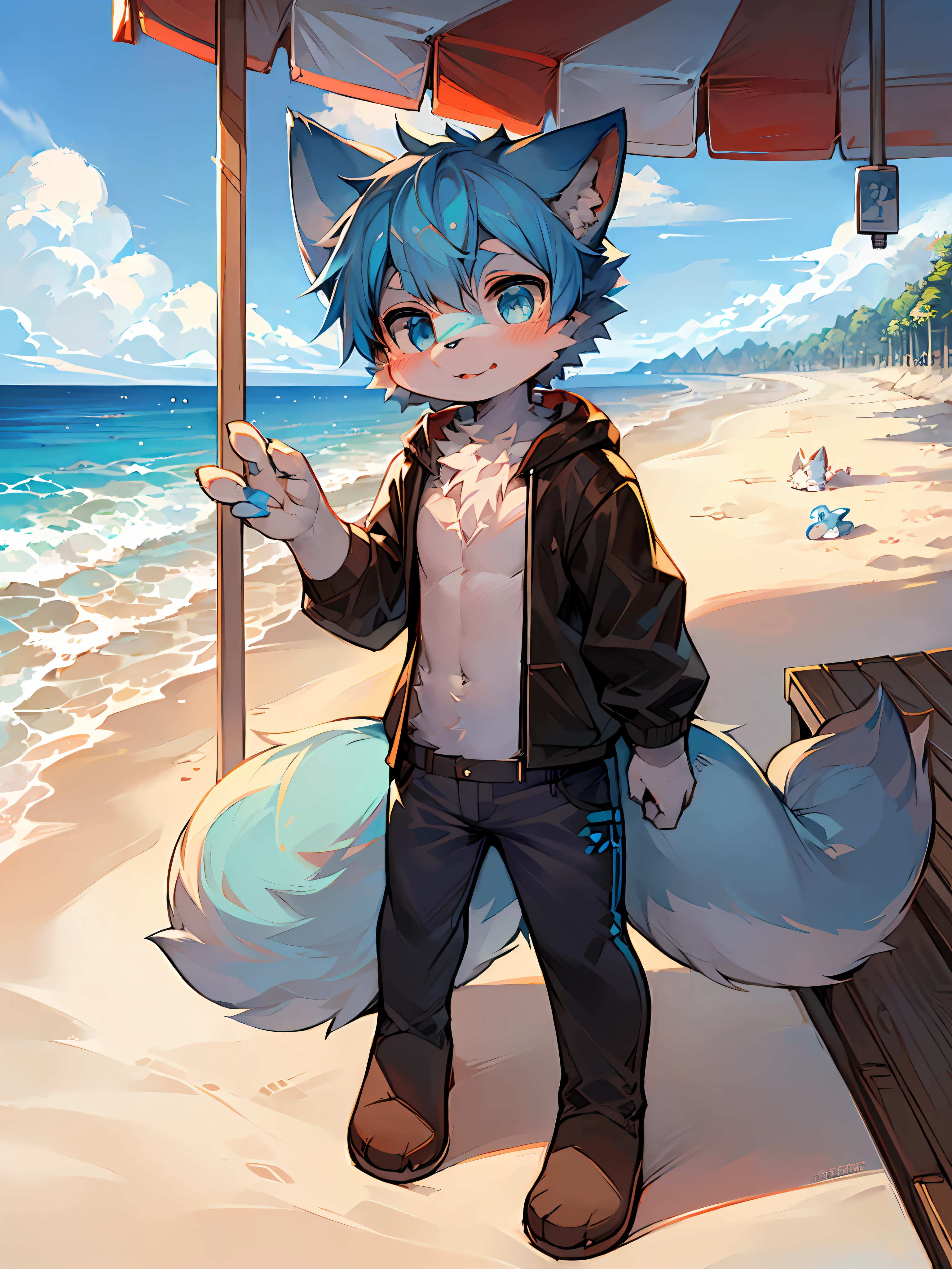 masterpiece,high quality,abstract res,digital painting\(artwork\), by dagasi, yupa, kiyosan, (anthro, fluffy fur, character focus:1.1), anthro male cat, short hair, portrait, bright eyes, panorama, Character focus. (Detailed background: 0.7), Furry, Furry male, Male focus, Anthr, (full body fur, a fluffy tail, white and blue fur, blue eyes, white), (long canine, (beach, daytime: 1.1)