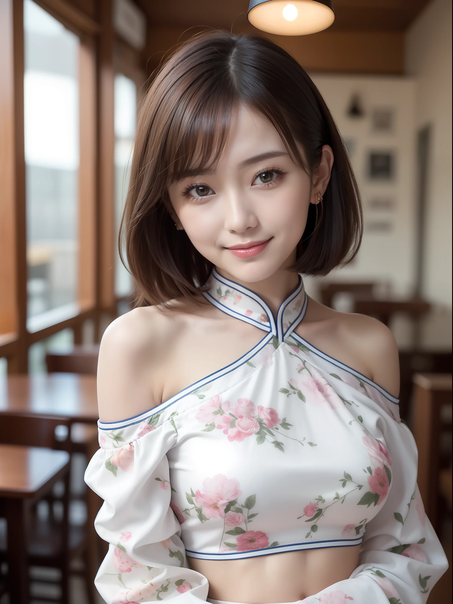 Top Quality, Masterpiece, Ultra High Definition, (Photomatic: 1.4), One Girl, Off Shoulder, Deep Shadows, Shiny Skin, Detailed Face, Short Hair, Korean Idol, Nogizaka Idol, Actress, Gravure Idol, Android, Cute, Smile, 1 Girl, Beautiful Japan Woman, Thin Waist, Cheongsam: 1.4, Cafe