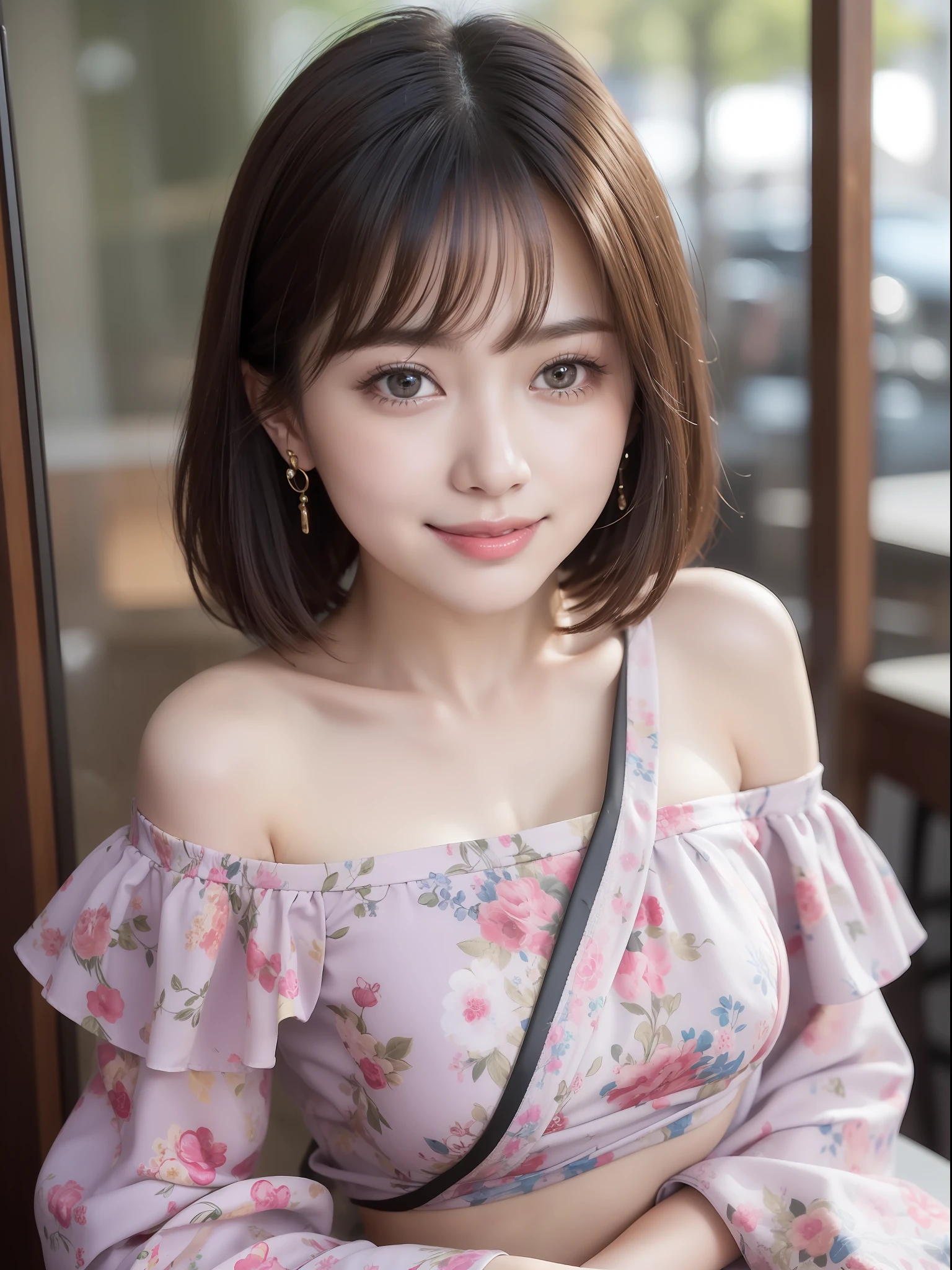 Top Quality, Masterpiece, Ultra High Definition, (Photomatic: 1.4), One Girl, Off Shoulder, Deep Shadows, Shiny Skin, Detailed Face, Short Hair, Korean Idol, Nogizaka Idol, Actress, Gravure Idol, Android, Cute, Smile, 1 Girl, Beautiful Japan Woman, Thin Waist, Cheongsam: 1.4, Cafe