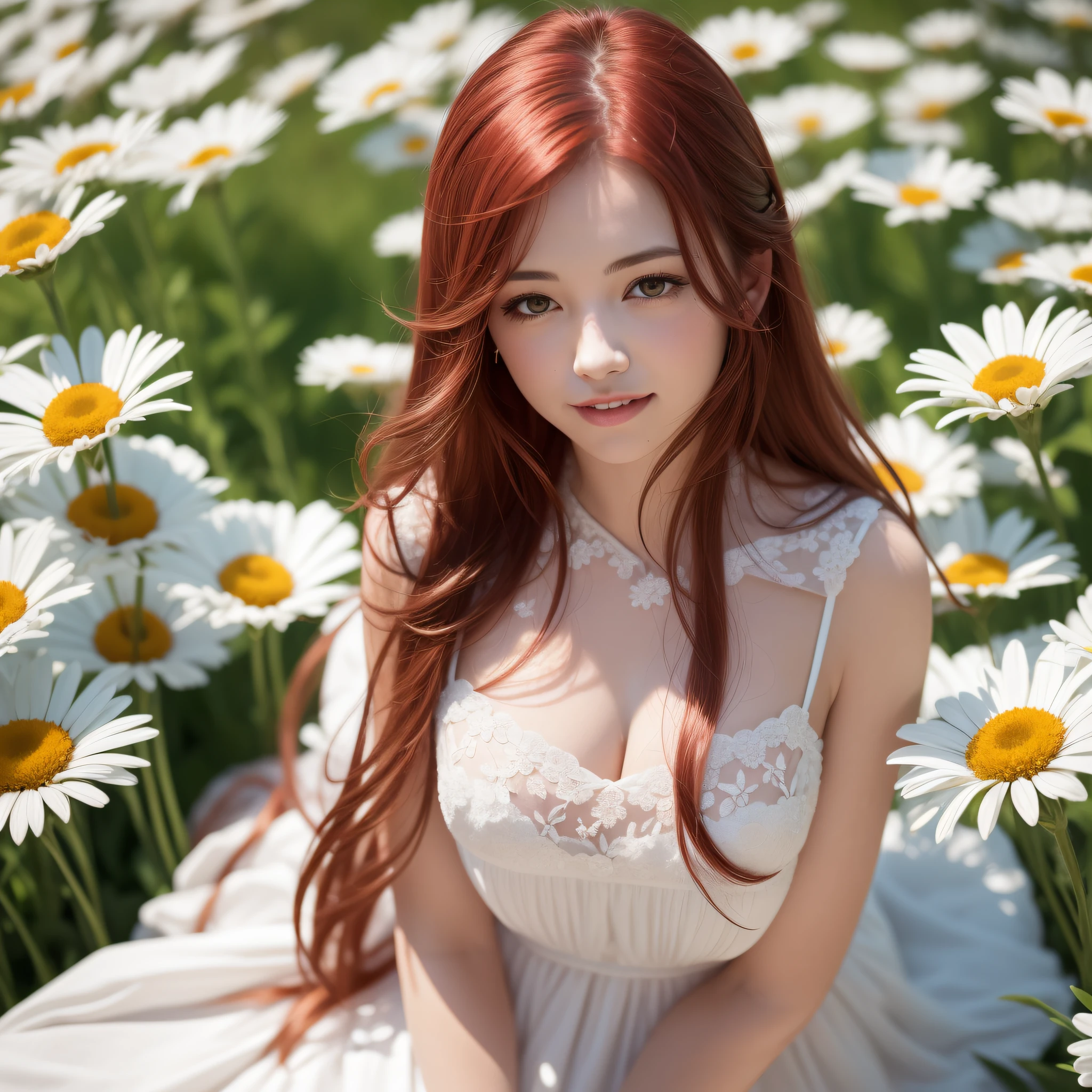 masterpiece. Pretty woman with long hair. Red hair. happy face. ((smelling a daisy)). kneeling in a (Tulopan garden:1.3)). blurred background. Dressed in a white dress of vaporous chiffon. Photorealistic, Hyperdetailed, High Quality'8K