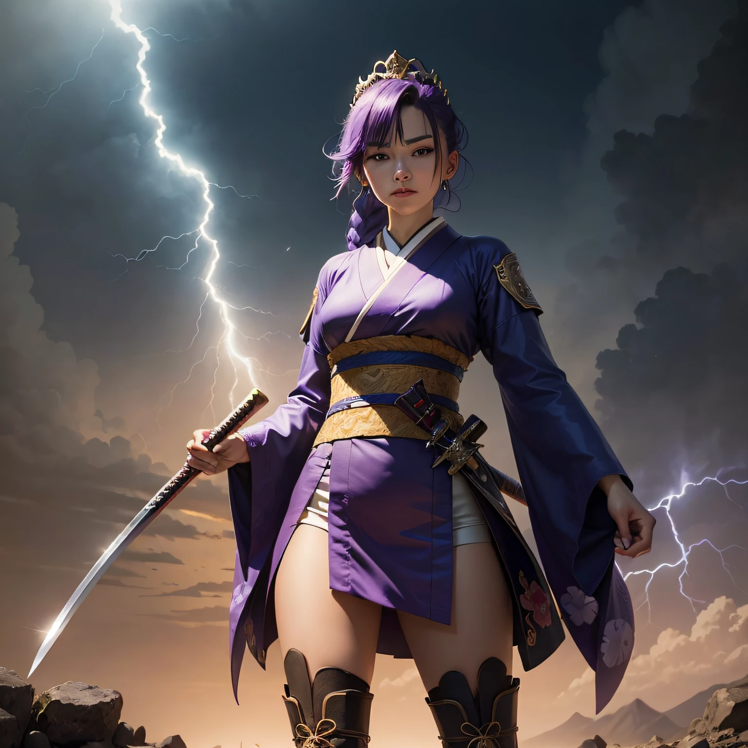 Adult female, purple hair, purple eyes, Japanese tiara, katana in hand, lightning element, Japanese kimono, HD picture, no background, twisted braid, boots, general --auto
