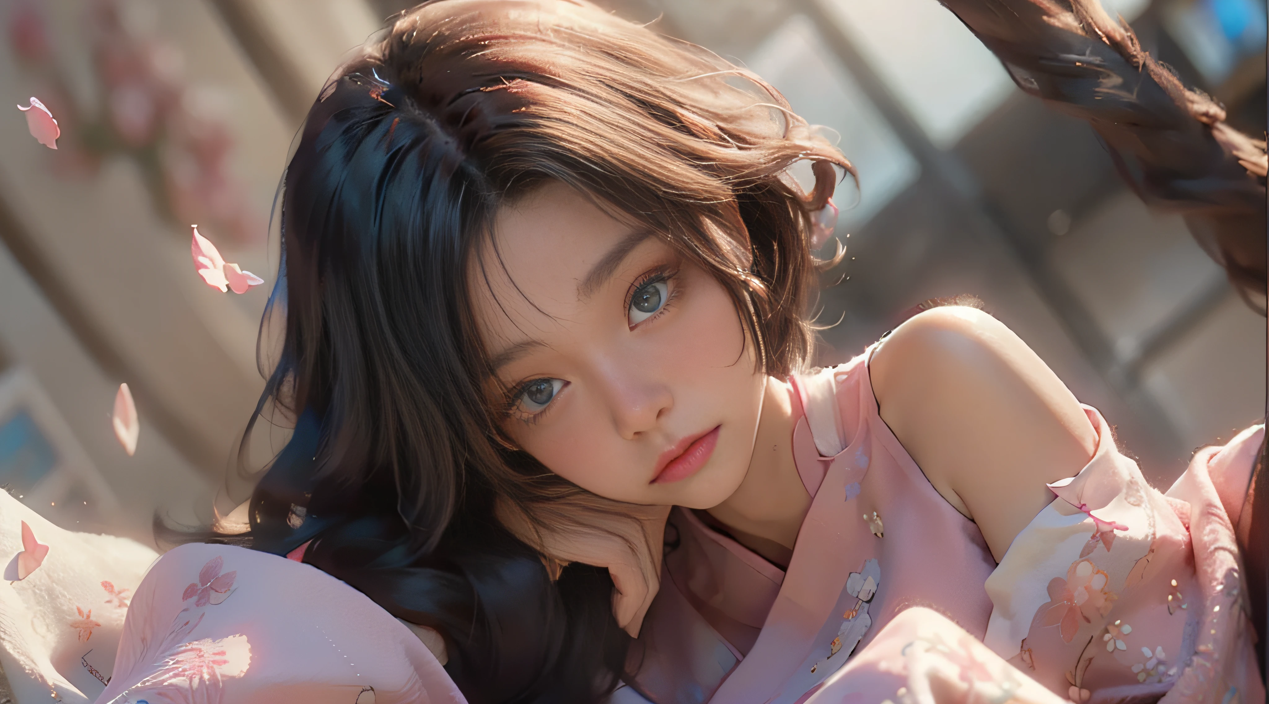 ((Best Quality)), ((Masterpiece)), (Detail: 1.4), 3D, Beautiful Cyberpunk Female Image, HDR (High Dynamic Range), Ray Tracing, NVIDIA RTX, Super Resolution, Unreal 5, Subsurface Scattering, PBR Texture, Post-Processing, Anisotropic Filtering, Depth of Field, Maximum Sharpness and Sharpness, Multi-layer Texture, Albedo and Highlight Mapping, Surface Coloring, Mitsu-Accurate Simulation of Material Interactions, Perfect Proportions, Octane Rendering, Two-color Light, Large Aperture, Low ISO, white balance, regular three-point, 8K RAW, beautiful bright pupils, flowing robes, fine pupils, delicate face and eyes, long eyelashes, blush, fluffy hair, pink lips, pure, cute, cherry blossom petals falling