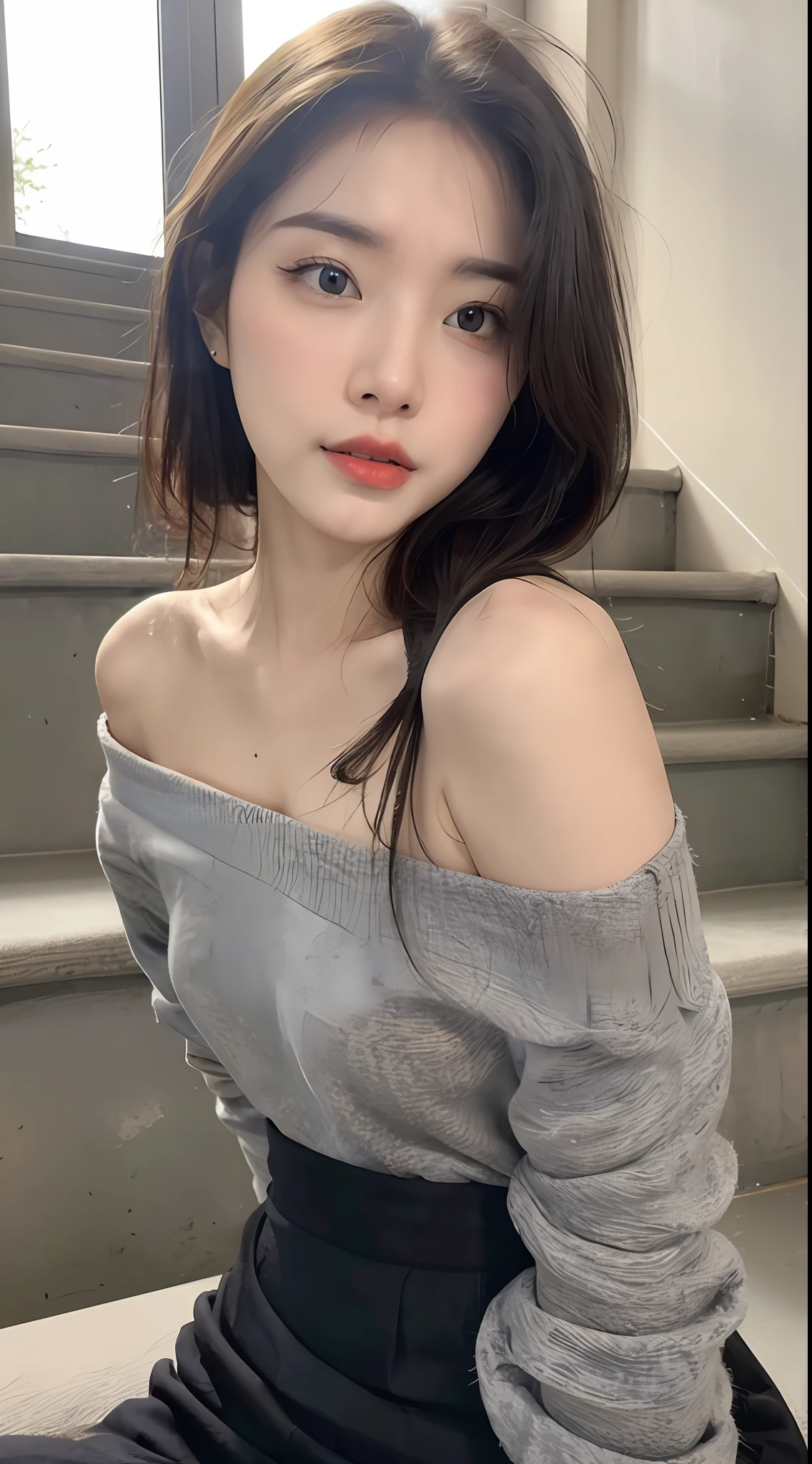 (1 Korean girl), ((best quality, 8k, masterpiece: 1.3)), ultra-clear details, perfect body beauty: 1.4, (done on stairs: 1.3), (city), (beautiful scenery: 1.3), highly detailed face and skin texture, fine eyes, double eyelids, whitened skin, (black straight face: 1.3), (round face: 1.5), (off-the-shoulder skirt: 1.4),