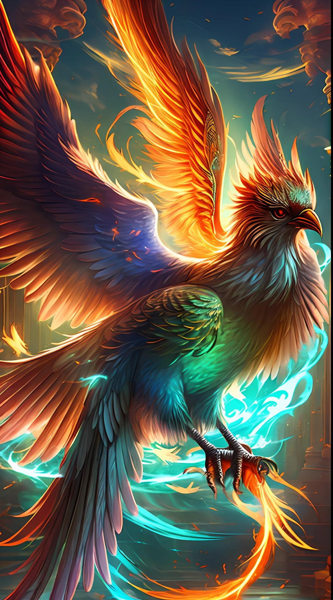 Red Phoenix, Best Quality: 1.3), (Masterpiece: 1.3), (Realistic: 1.4), (Details: 1.3) Huge birds, sacred birds, big eyes, majestic and spectacular appearance. The whole body of the phoenix feathers shows a bright red, Birds with huge wings spread and gorgeous crested feathers, The tail of the phoenix is depicted as long and beautiful features, The phoenix is considered a beautiful bird, mythological scene, aesthetic, dreamy, ultra-detailed picture, super realistic, 3D, C4D,